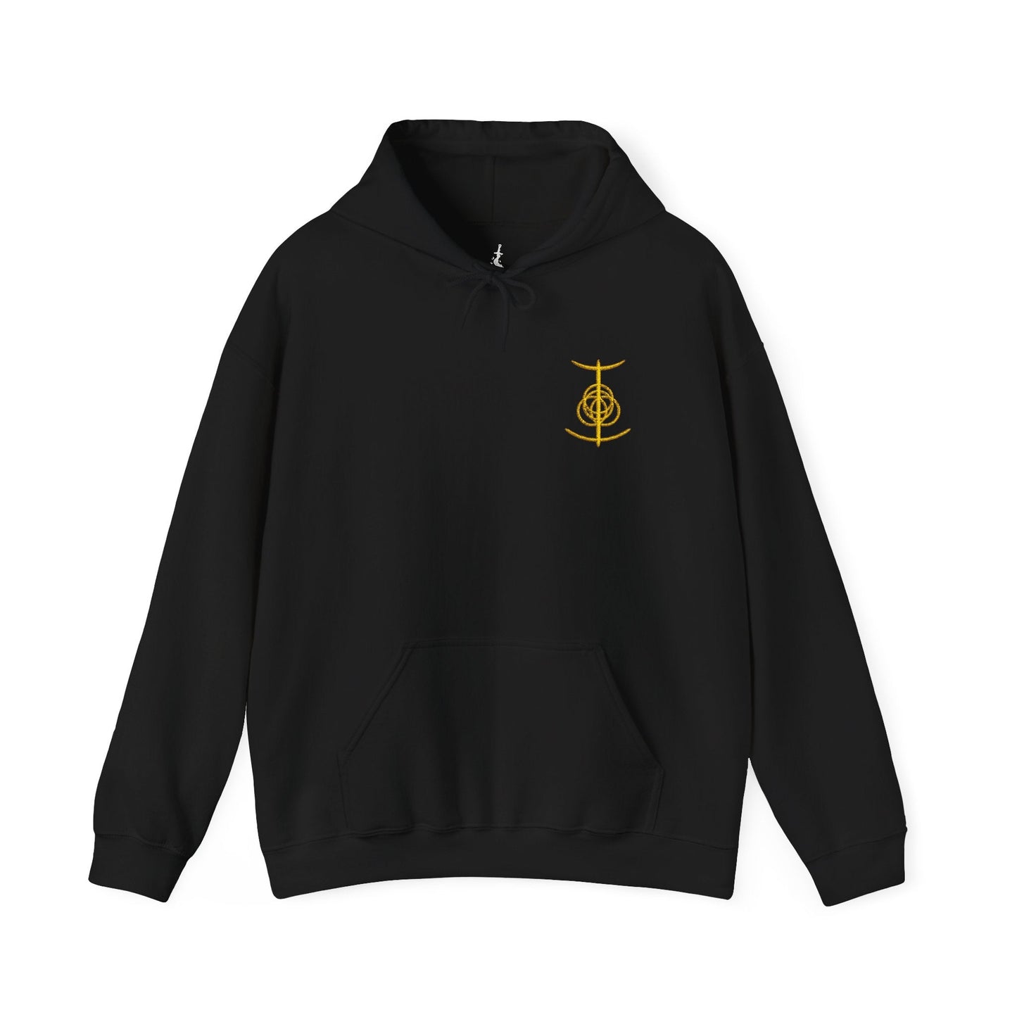 Image 3 of a Black Embroidered hooded sweatshirt featuring the Elden Ring symbol, the fractured golden rune that represents the divine order and foundation of the Lands Between. Intricately shaped and partially broken, the symbol reflects the shattered state of the Erdtree’s grace and the struggle for restoration. This design honors the mysterious, sacred geometry behind the game’s mythic core.