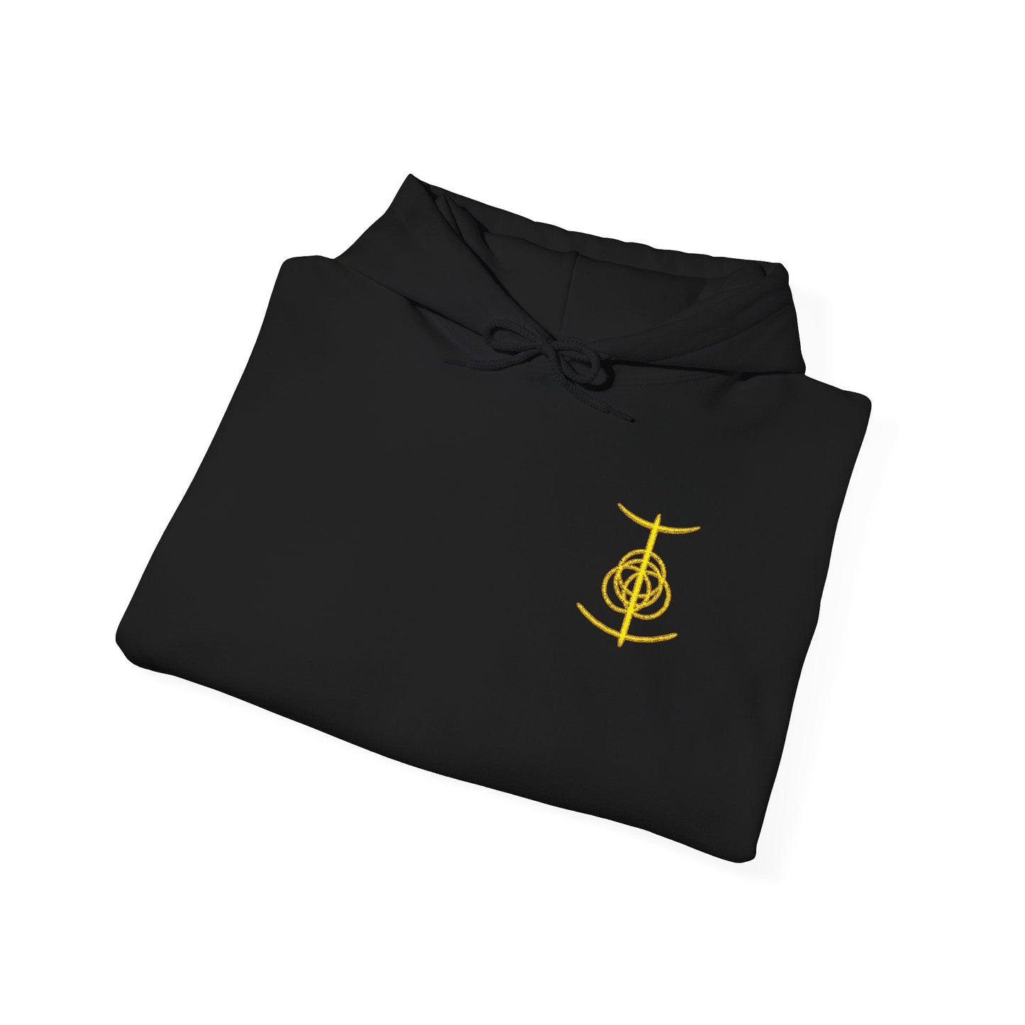 Folded Embroidered hooded sweatshirt featuring the Elden Ring symbol, the fractured golden rune that represents the divine order and foundation of the Lands Between. Intricately shaped and partially broken, the symbol reflects the shattered state of the Erdtree’s grace and the struggle for restoration. This design honors the mysterious, sacred geometry behind the game’s mythic core.