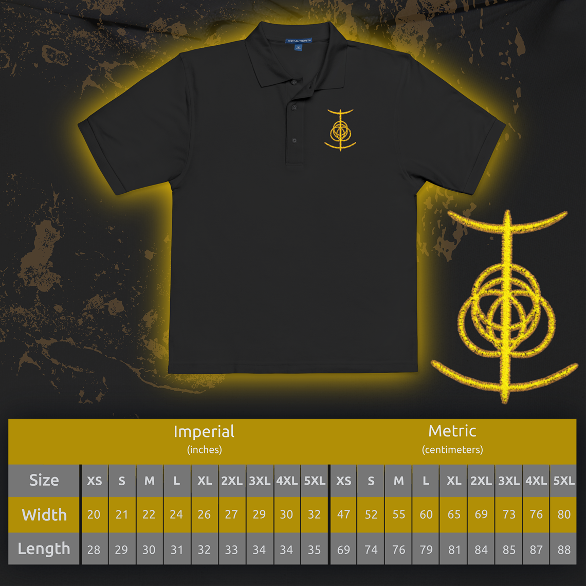 Size chart of a Embroidered T-shirt showcasing the Elden Ring seal, the radiant emblem central to the lore of Elden Ring. Once whole, now broken, the symbol embodies the Golden Order’s collapse and the Tarnished’s quest to mend it. With ornate circular runes and divine craftsmanship, this design echoes the game’s themes of ruin, rebirth, and cosmic destiny.