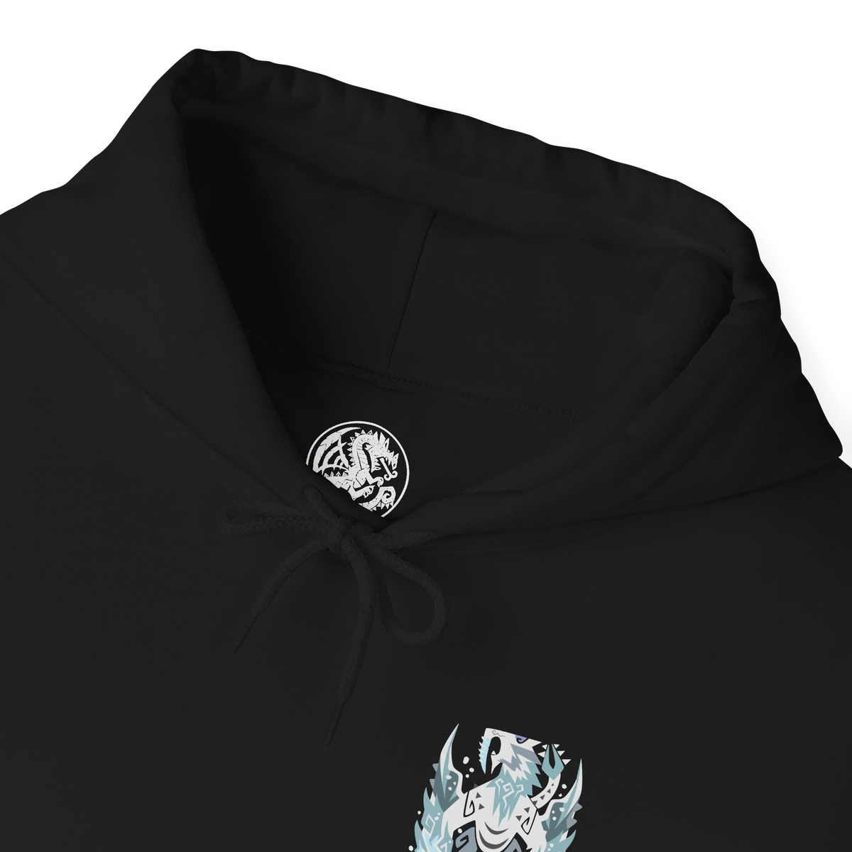 Folded Hooded Sweatshirt design of Frostfang Barioth from Monster Hunter World: Iceborne, portraying the enormous fanged wyvern with jagged ice-covered tusks, powerful claws, and broad wings emerging through a swirling blizzard. Frozen mist surrounds its armored body as it unleashes its chilling breath across a snow-covered battlefield. The artwork captures the monster’s savage aggression, icy adaptations, and commanding presence in the frozen wilderness of the New World.