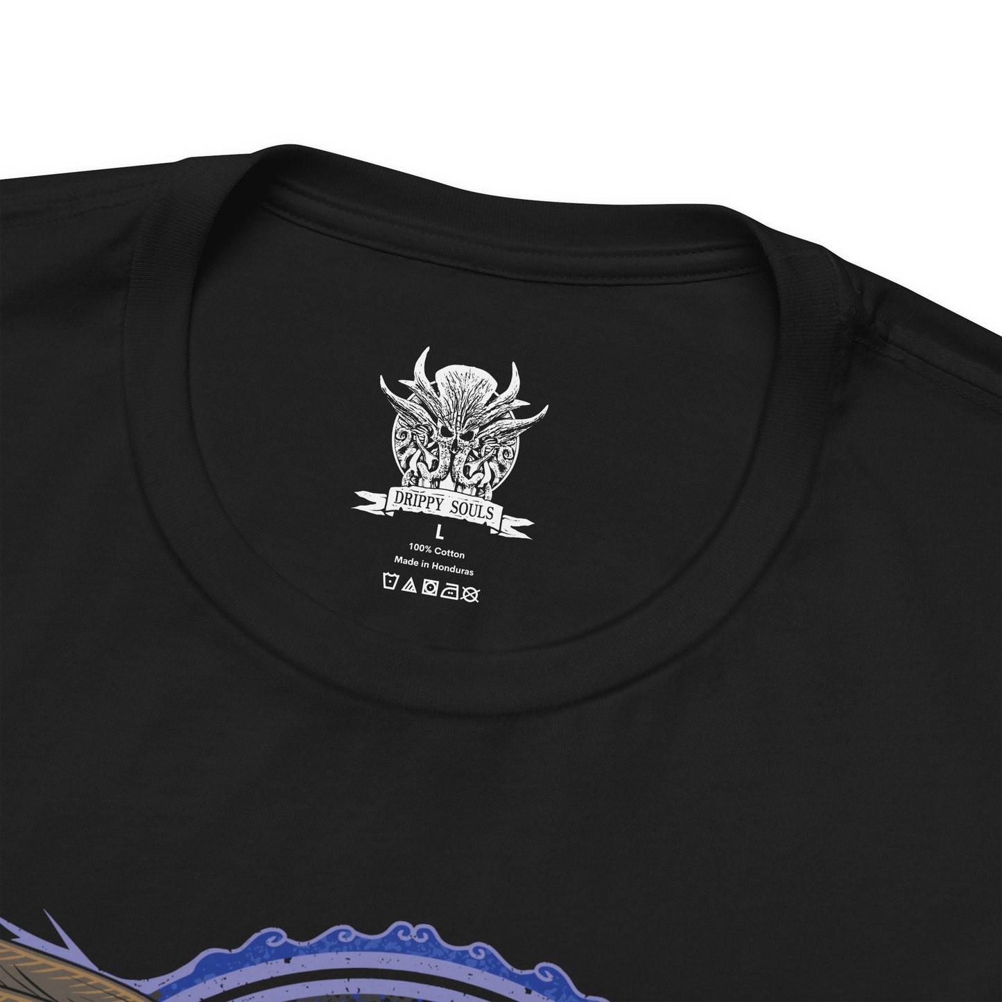 Folded T-shirt design of Gale of Waterdeep standing with his beloved tressym companion Tara perched beside him, surrounded by glowing arcane runes and drifting magical tomes. Gale’s hand crackles with controlled Weave energy while Tara watches with calm intelligence. The design captures the charm of the ambitious wizard and the loyal winged cat who keeps his magical ambitions grounded.