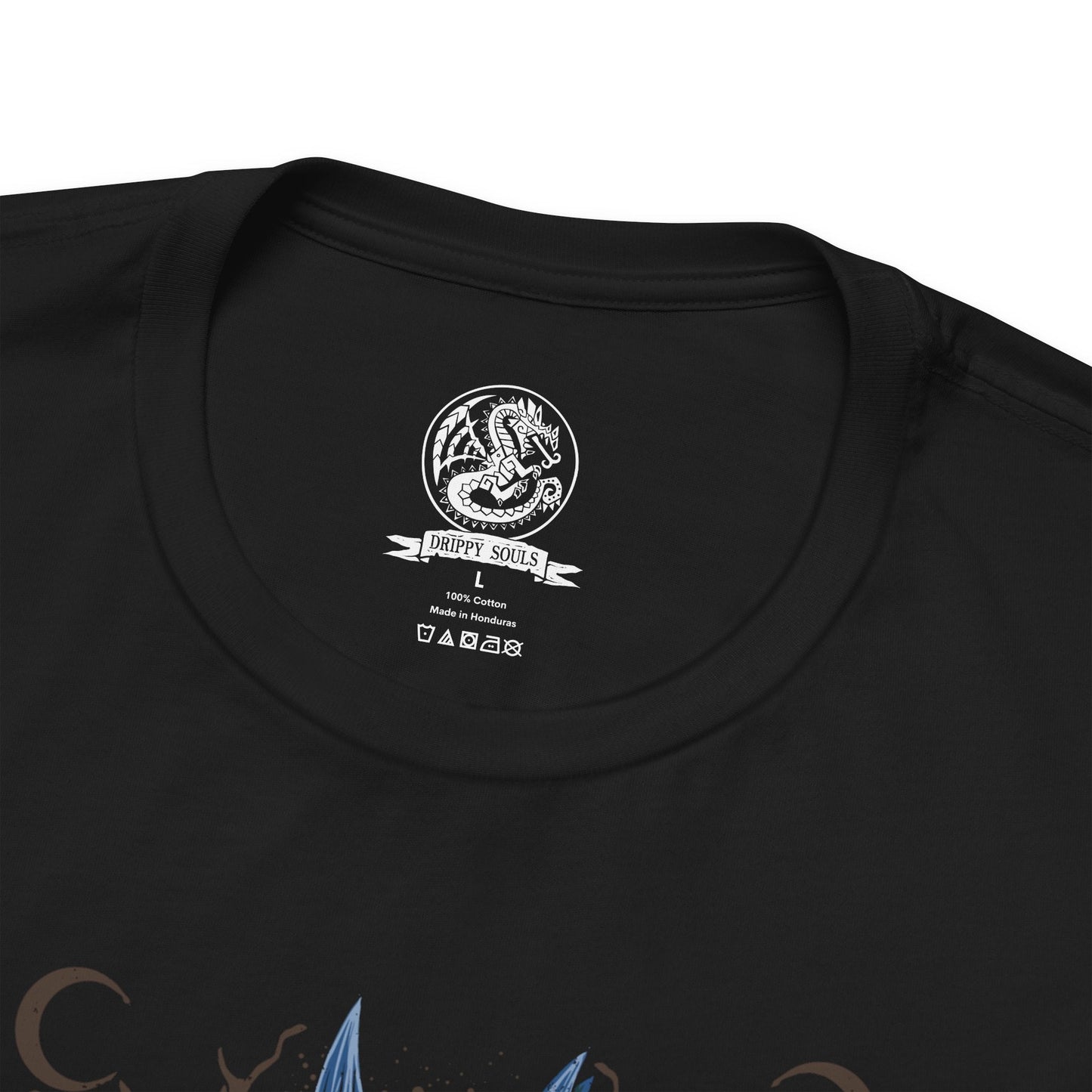 Folded T-Shirt design of Glavenus from Monster Hunter, towering over a scorched battlefield as its massive blade-like tail glows red-hot from repeated sharpening. Sparks burst with every swing while flames and molten debris scatter across the ground. The design captures the Brute Wyvern's signature sword-tail combat style, immense physical strength, and the devastating precision that makes Glavenus one of the most iconic monsters in the series.