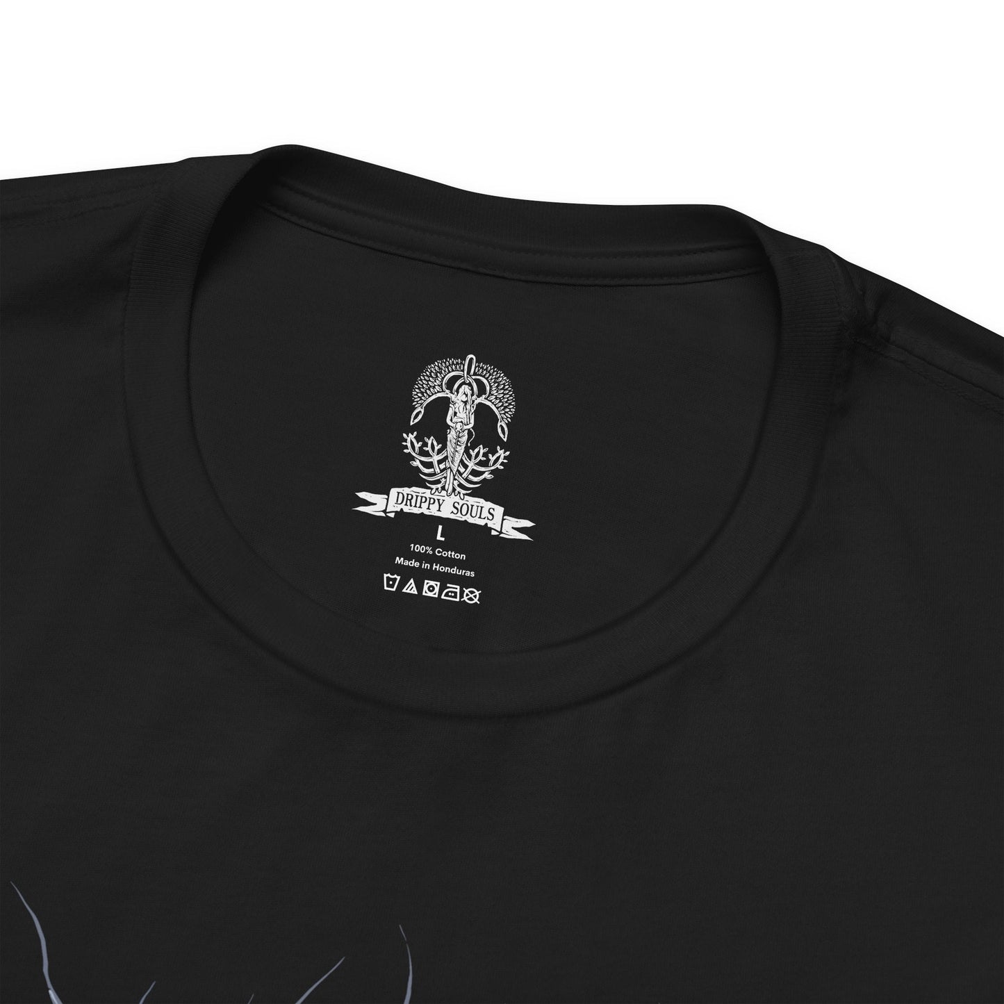 Folded T-shirt design of Godwyn the Golden and Fia from Elden Ring, depicting the Prince of Death’s lifeless yet corrupted form embraced by Fia, the Deathbed Companion. Roots of Deathblight coil around Godwyn’s body beneath the Erdtree’s shadow, while Fia kneels in devotion, symbolizing love, mourning, and the forbidden union that gives rise to a new form of death in the Lands Between.