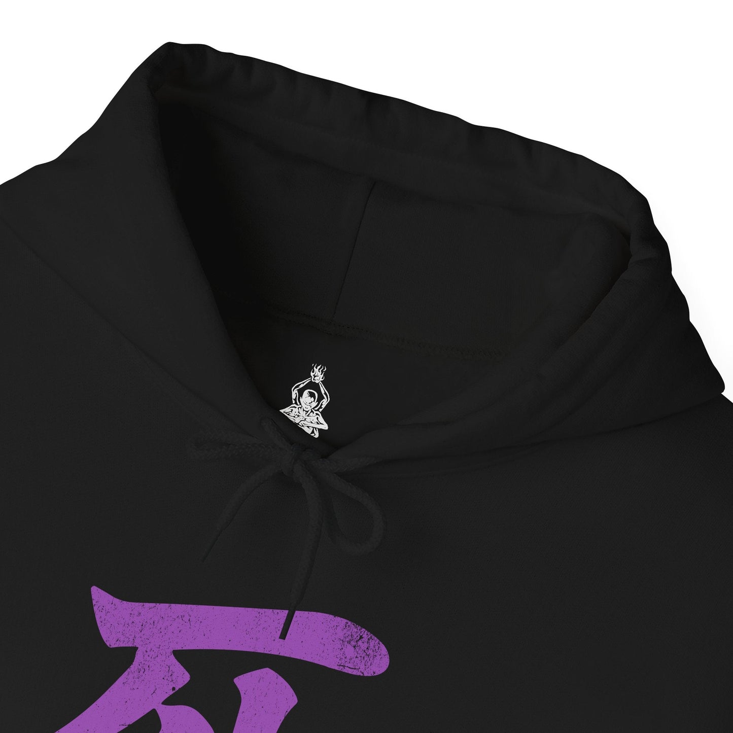 Folded Hooded Sweatshirt illustration of the Headless lurking among dense forest shadows, purple flames of Terror illuminating its mutilated form. The surrounding woods fade into darkness as spectral particles drift through the air, emphasizing isolation and dread. The composition highlights the unnatural silence of Ashina’s cursed groves and the chilling legend of a warrior reduced to a wandering spirit.