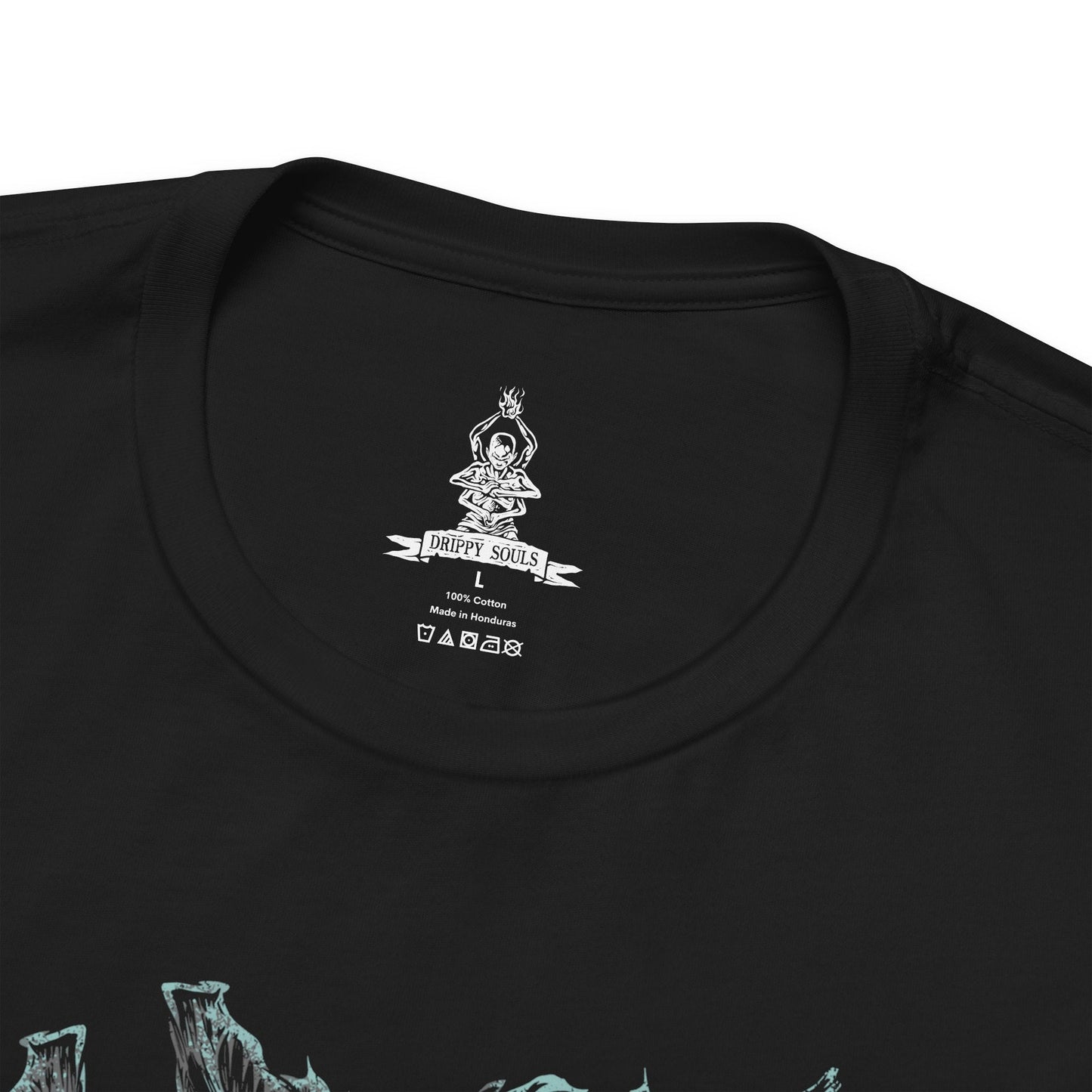 Folded T-shirt design of the Headless from Sekiro: Shadows Die Twice, standing deep within a shadowed forest as mist coils around its decapitated body. Its massive blade drips with spectral energy while purple Terror aura radiates outward, warping the trees and air around it. The design captures the oppressive dread of hidden mini-boss encounters and the supernatural horror haunting Ashina’s forgotten woods.