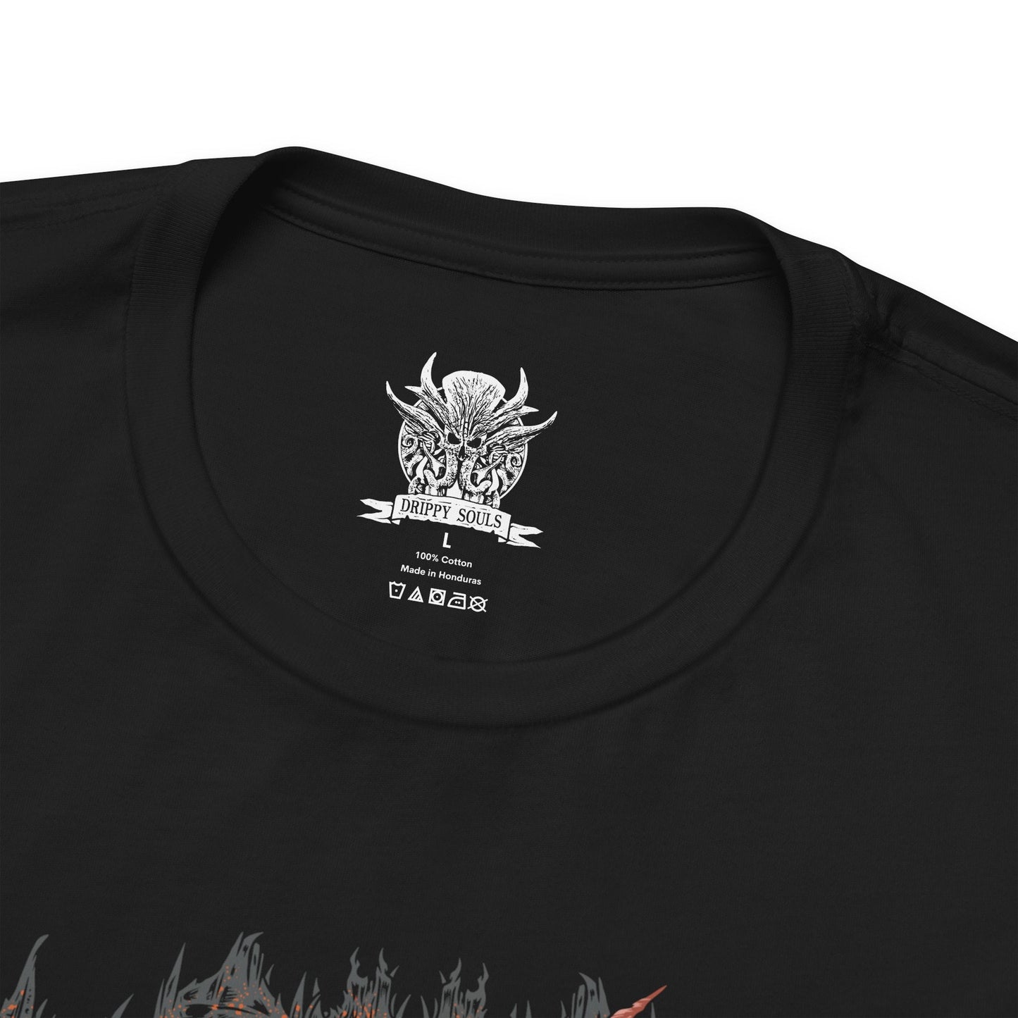 Folded T-shirt design of Karlach, Fury of Avernus from Baldur’s Gate 3, charging into battle with her infernal engine blazing through cracked armor. Flames erupt from her chest as molten energy surges across her skin, reflecting the hellish power forged during her years fighting in the Blood War. The design captures Karlach’s unstoppable fury, resilience, and defiant spirit against the devils of Avernus.