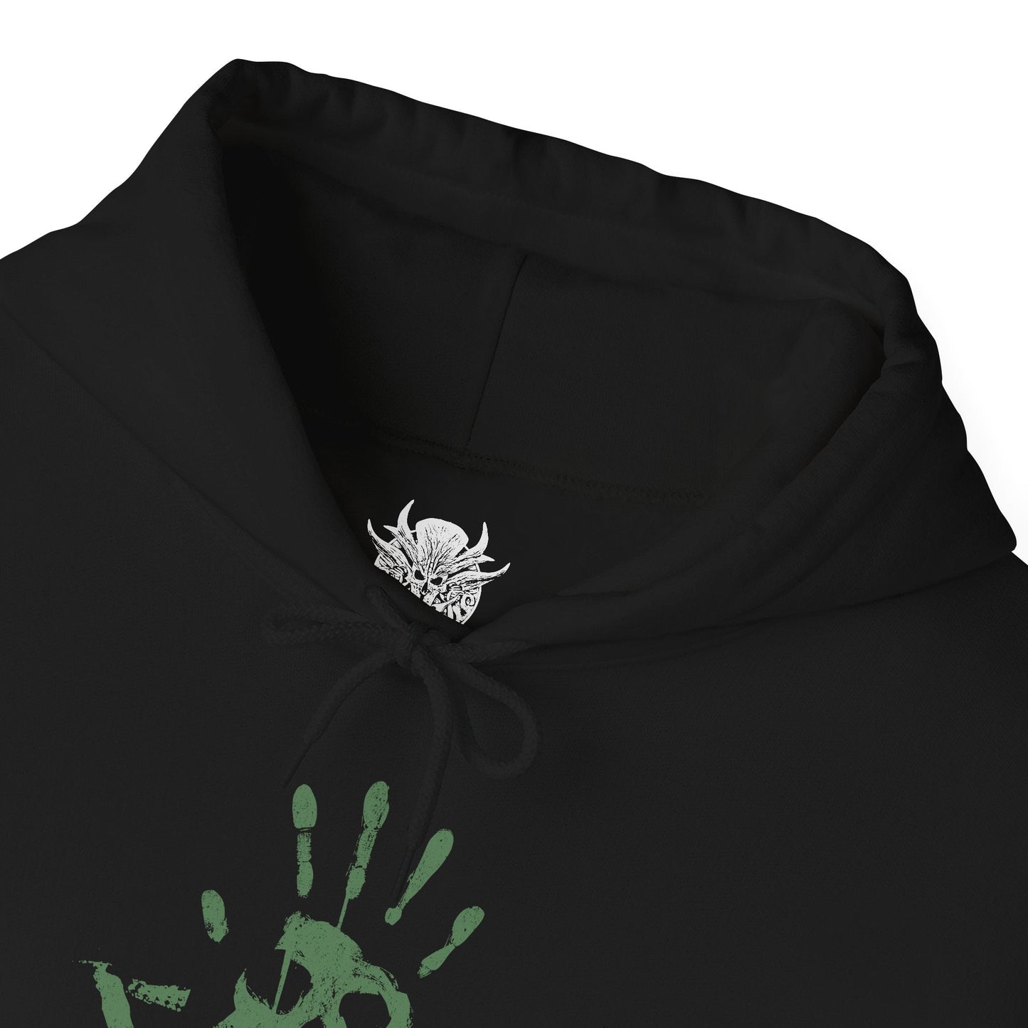 Folded Hooded Sweatshirt featuring Ketheric Thorm from Baldurs Gate 3 enveloped in Myrkul’s divine power, his skeletal armor and glowing eye sockets a harbinger of doom. Necrotic flames and spectral bones twist around him as he spreads death across Faerûn. This design embodies the fusion of mortal ambition and godly wrath, portraying the dread of the Lord of Bones.