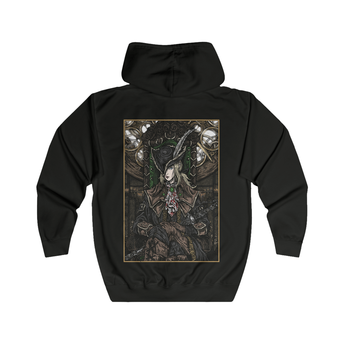 Folded Zip-up Hooded Sweatshirt featuring Lady Maria of the Astral Clocktower from Bloodborne, the legendary hunter who abandoned her Rakuyo after witnessing the horrors of the Fishing Hamlet. A master of the blade and blood, Maria fought to suppress the very power that ultimately defined her. This design captures her tragic elegance, fierce swordsmanship, and descent into the blood-soaked nightmare of the Old Hunters.