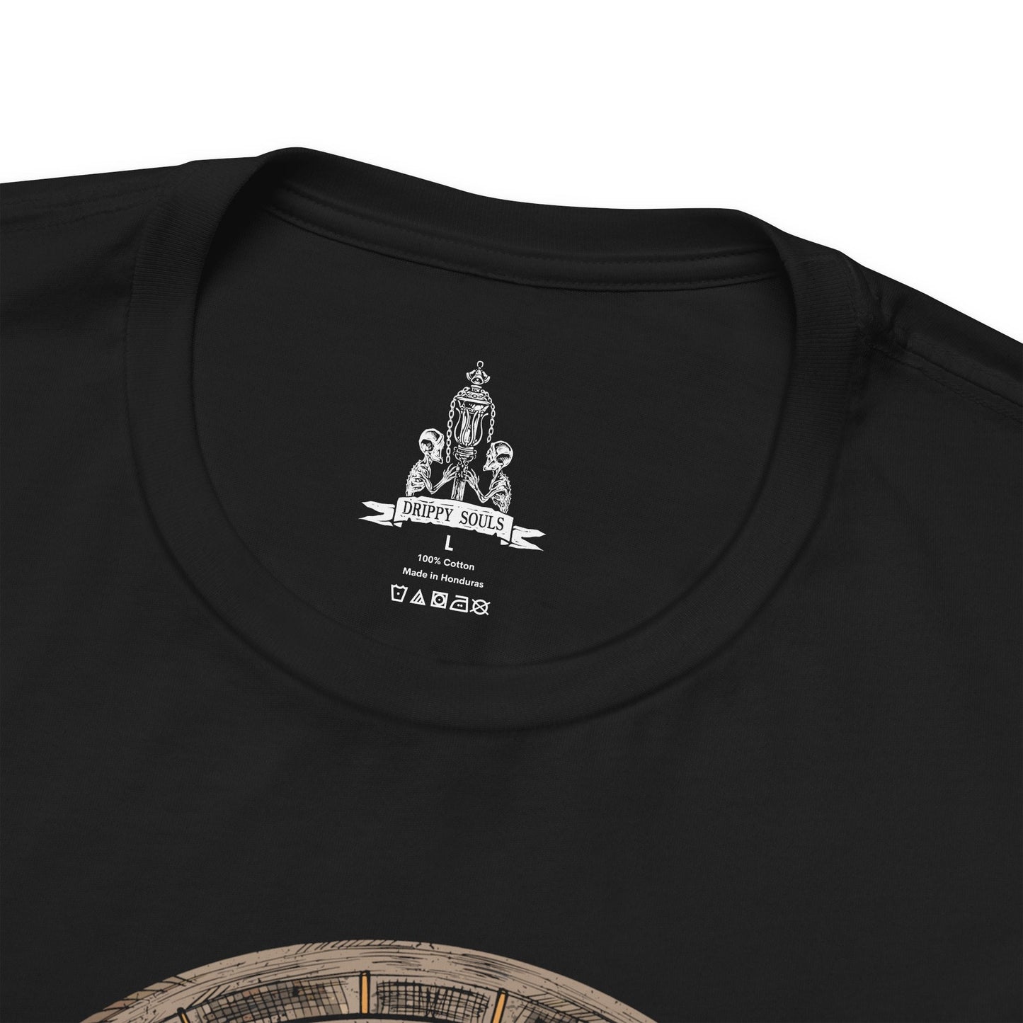 Folded T-shirt design of Lady Maria from Bloodborne, standing within the Astral Clocktower as moonlight filters through shattered windows. Her Rakuyo blades gleam while blood ignites into crimson flame around her, revealing her forbidden use of blood arts. The design captures her tragic remorse, her role as guardian of the Fishing Hamlet’s secret, and the fury unleashed when hunters confront buried sins.