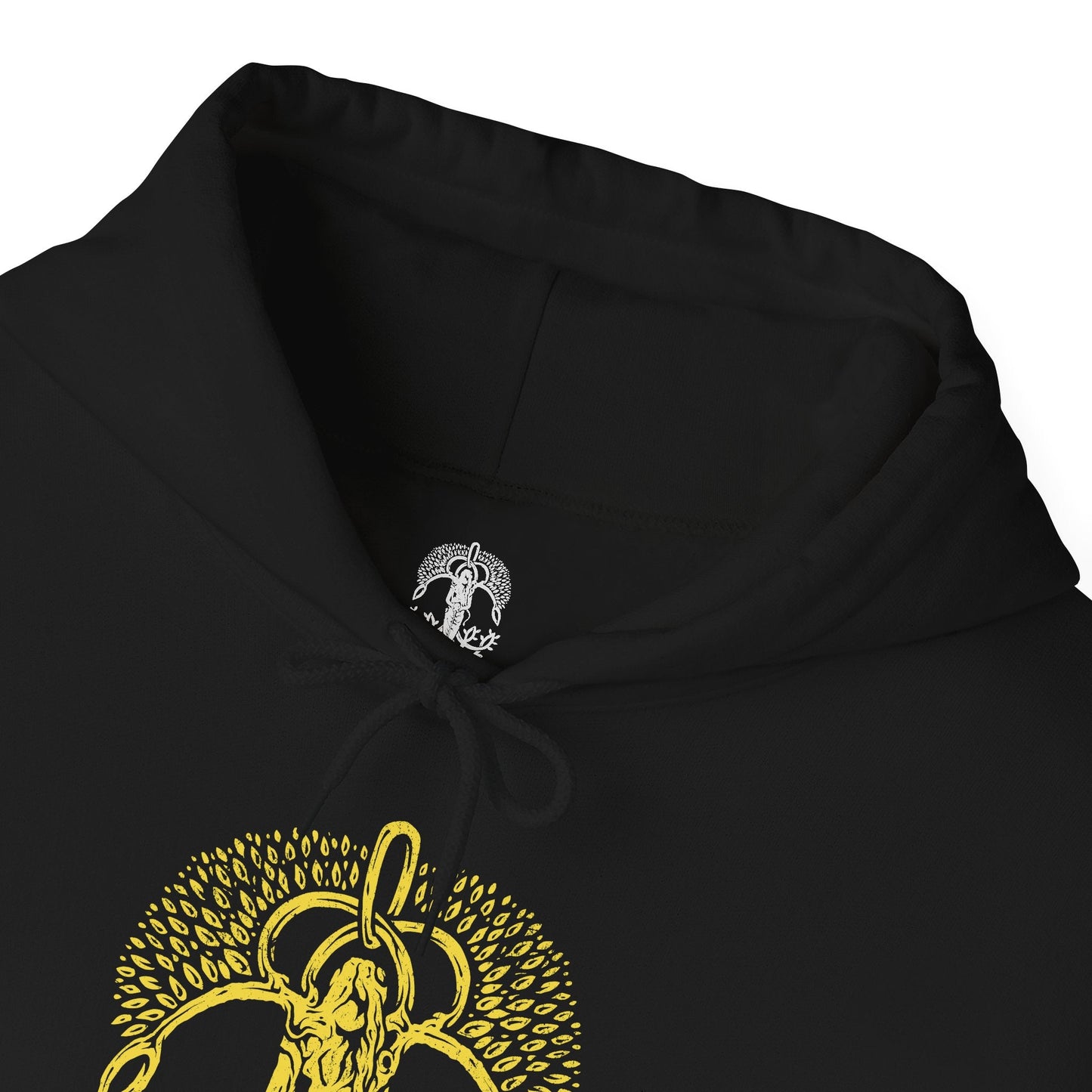Folded Hooded Sweatshirt if Leyndell’s massive walls and radiant avenues overshadowed by the Erdtree, while a Tree Sentinel charges forward in brilliant gold plate. In haunting contrast, the majestic Ancestral Spirit emerges from misty ruins, its antlers blazing with spectral light. The design emphasizes faith, forgotten traditions, and the layered spiritual conflict defining the Lands Between.