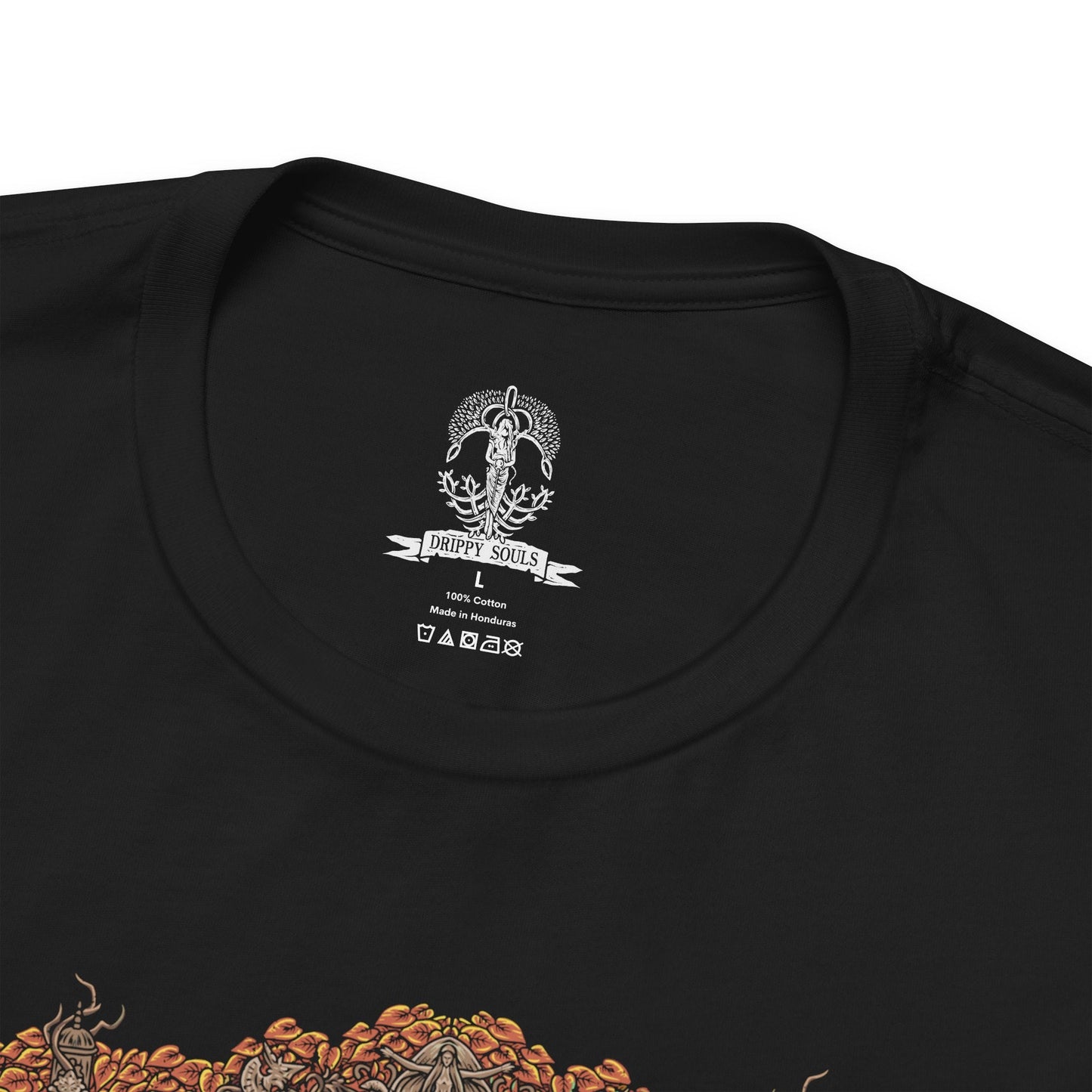 Folded T-shirt design of Leyndell, Royal Capital from Elden Ring, with a towering Tree Sentinel clad in radiant golden armor guarding the city gates. In the distant spectral wilds, the luminous Ancestral Spirit drifts through ghostly woods beneath a pale sky. The composition contrasts holy order and ancient pagan reverence, capturing the divide between Erdtree authority and forgotten primordial worship.