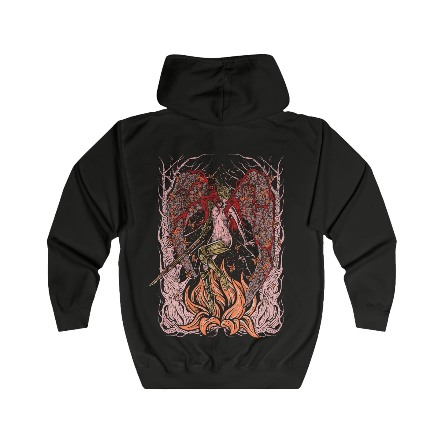 Folded Zip-up Hooded Sweatshirt featuring Malenia, Blade of Miquella from Elden Ring, the undefeated demigod and twin of Miquella. Known for her graceful yet deadly swordsmanship, she stands as one of the most iconic figures in the Lands Between. Cursed by Scarlet Rot yet unbroken in spirit, Malenia embodies both divine beauty and unstoppable will. This design captures her tragic power and her vow to protect Miquella at all costs.