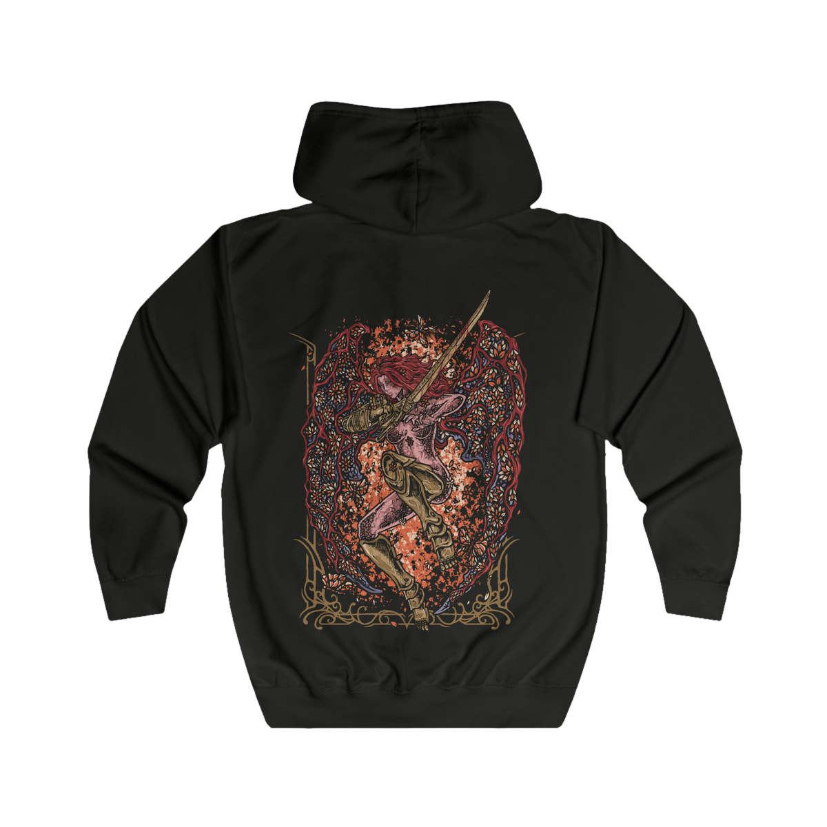 Folded Zip-up Hooded Sweatshirt featuring Malenia, Blade of Miquella from Elden Ring, the legendary warrior, swordswoman, and Goddess of Rot. Wielding her elegant katana and cursed by the Scarlet Rot, Malenia stands among the most feared demigods in the Lands Between. This design captures her crimson armor, flowing scarlet energy, and deadly grace—a warrior defined by devotion, suffering, and unmatched mastery of the blade.