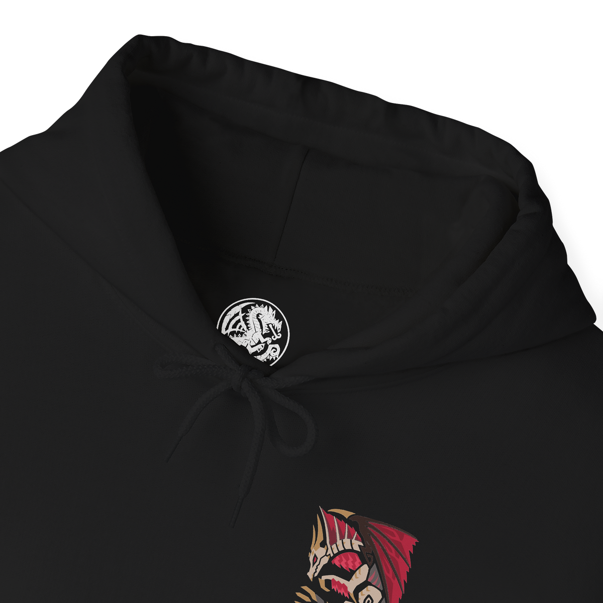 Folded Hooded Sweatshirt of Malzeno dominating the interior of its ancient castle, enormous crimson wings extended as Qurio swarm around its pale armored body. Red energy and dark mist fill the gothic chamber while the Elder Dragon prepares to unleash a devastating attack. The composition emphasizes Malzeno's regal silhouette, vampiric aesthetic, and terrifying connection to the Qurio.
