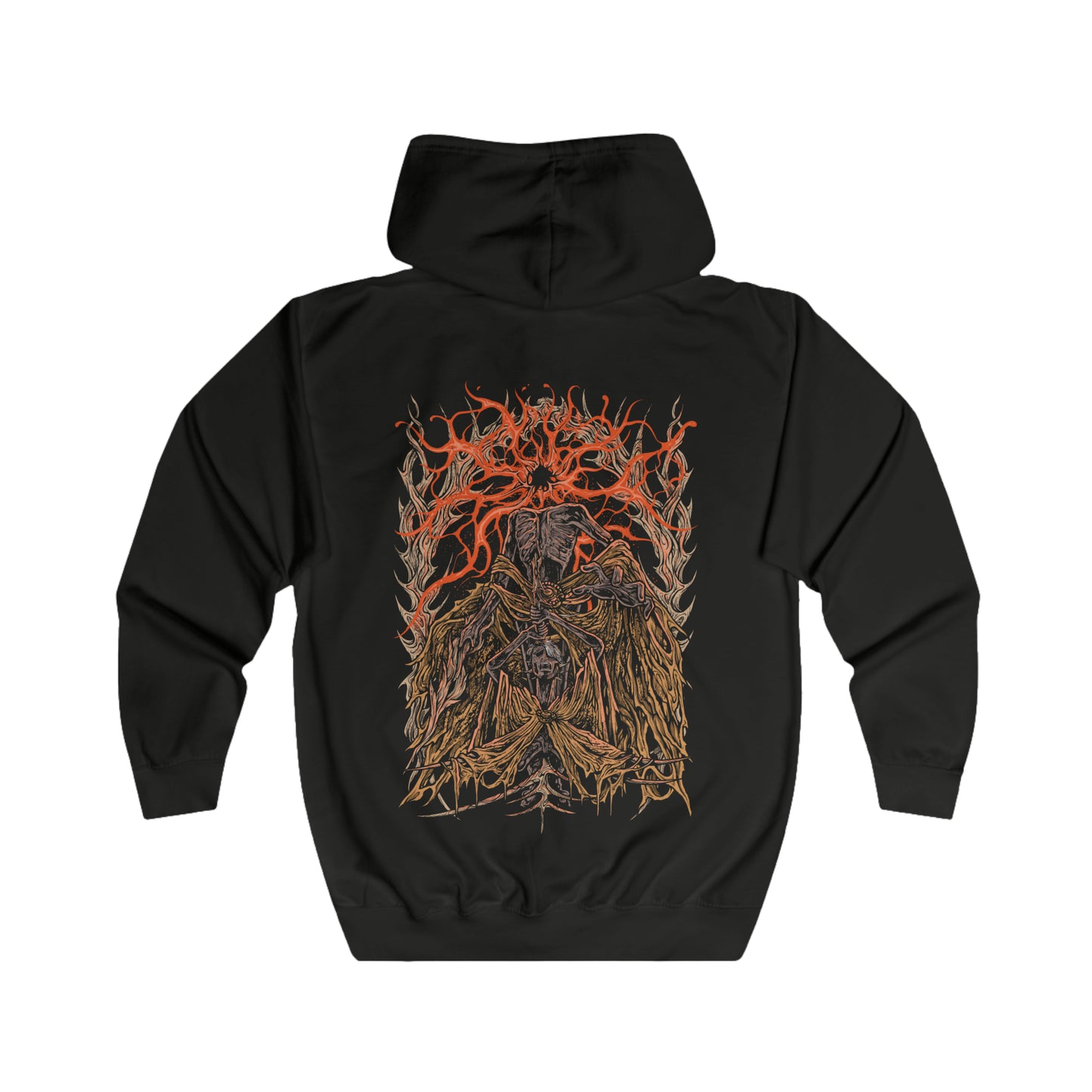Folded Zip-up Hooded Sweatshirt featuring Midra, Lord of Frenzied Flame from Elden Ring: Shadow of the Erdtree, once a sage whose ambition to master the Frenzied Flame ended in agony. Impaled by the Greatsword of Damnation and bound by golden barbs, he endures torment until his final monstrous transformation. This design captures Midra’s tragic fall, flame-wreathed power, and the madness that fuels his dominion in the Abyssal Woods.