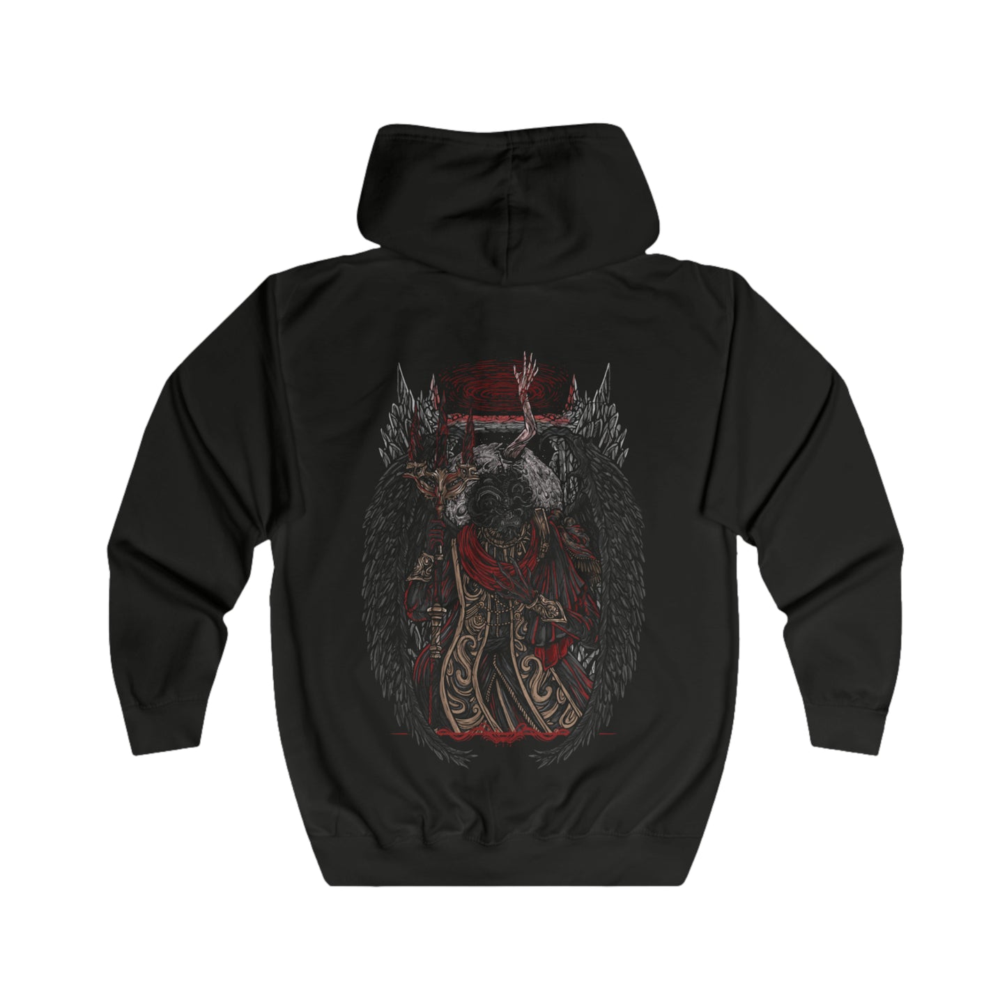 Folded Zip-up Hooded Sweatshirt featuring Mohg, Lord of Blood from Elden Ring, the dark demigod who dwells deep beneath the Lands Between. Cloaked in crimson and wielding cursed blood magic, Mohg seeks to establish a dynasty with the dormant Miquella. This design captures his regal menace and the grotesque beauty of his blood-soaked ambition.