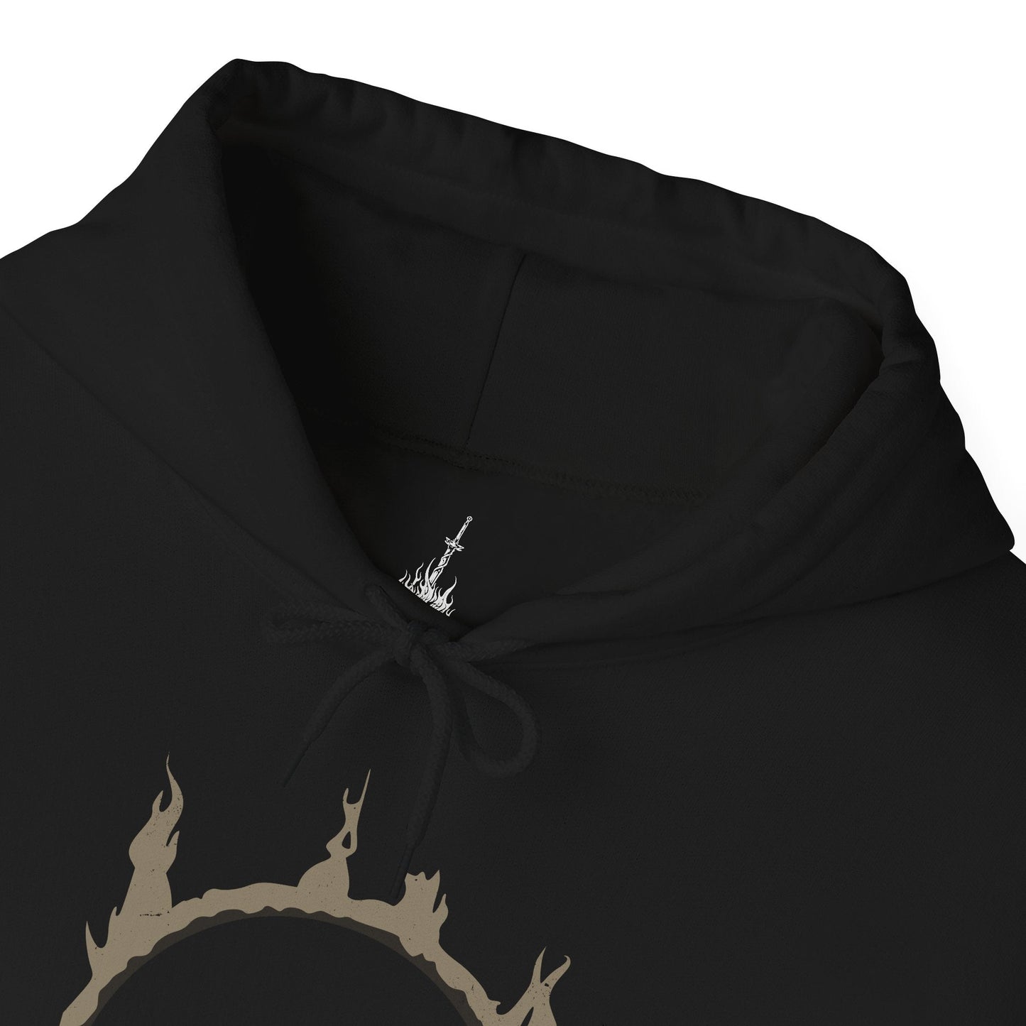 Folded Hooded Sweatshirt showcasing the Nameless King from Dark Souls, a towering figure wreathed in lightning and myth. Once Gwyn’s heir, he severed ties with his kin to follow the path of dragons, earning exile and erasure from history. This design highlights his flowing golden mane, ornate armor, and mastery of the storm—embodying one of the game’s most challenging and awe-inspiring boss fights.