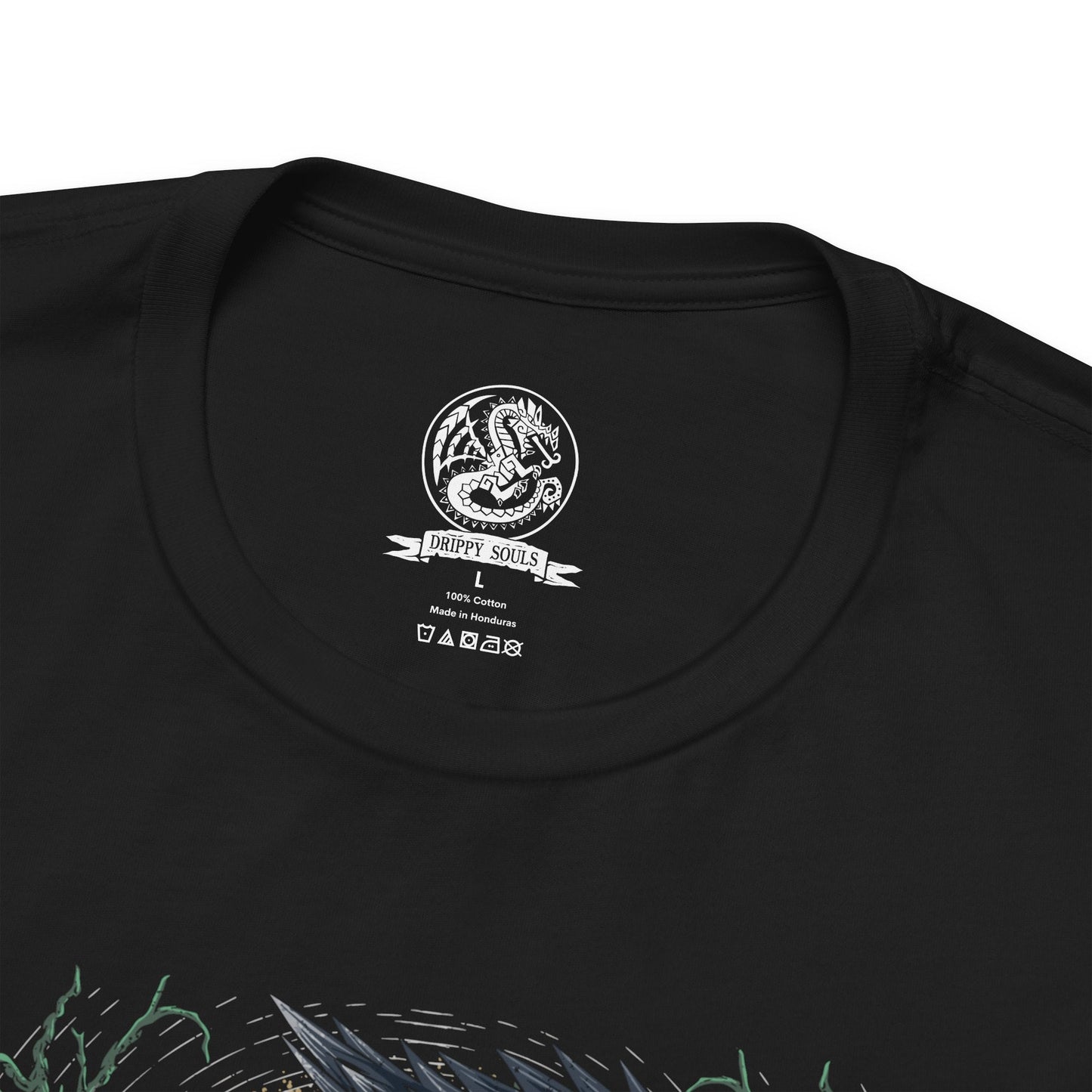 Folded T-Shirt design of Nargacuga from Monster Hunter, crouched within a dark forest as its glowing red eyes pierce through the shadows. Its black-scaled body blends into the night while razor-sharp tail spikes fan outward in preparation to strike. The design captures Nargacuga’s stealth, speed, and predatory precision as one of the most feared nocturnal wyverns.