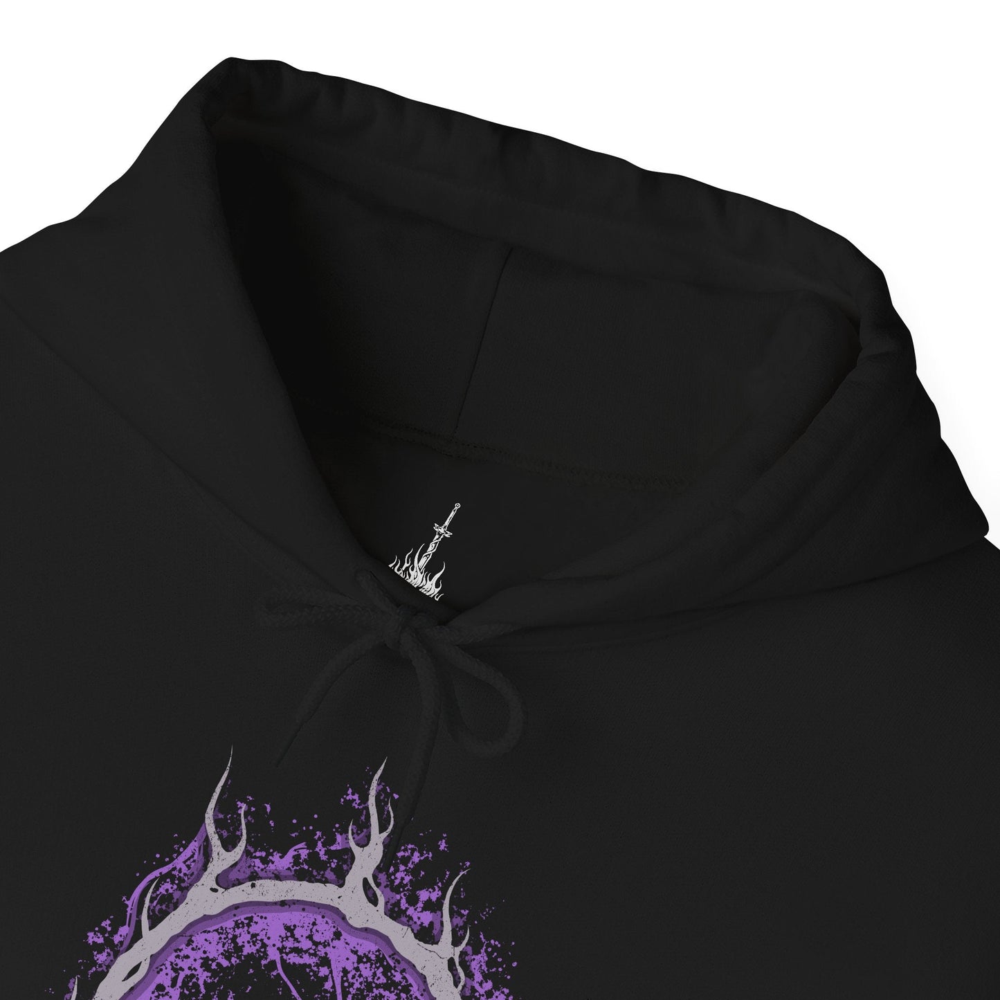 Folded Hooded Sweatshirt of Pontiff Sulyvahn wielding twin swords of fire and frost inside Irithyll’s cathedral, ghostly afterimages mirroring his movements. Snow drifts through shattered windows while corrupted knights kneel in the background. The composition emphasizes divine usurpation, ruthless ambition, and the chilling authority of Dark Souls III’s most infamous tyrant.