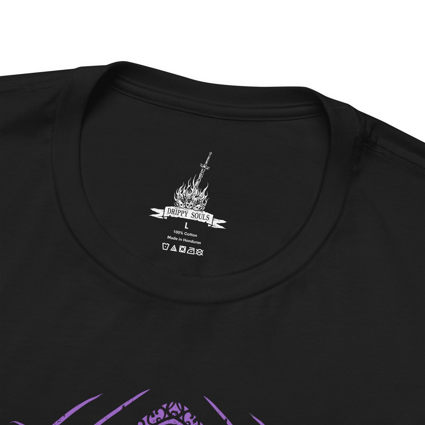 Folded T-shirt design of Pontiff Sulyvahn from Dark Souls III, standing within the frozen grandeur of Irithyll of the Boreal Valley. Dual greatswords blaze with profaned flame and frost as cathedral spires loom behind him. The design captures his tyrannical rule, sorcerous origin, and the corruption he spread through gods, knights, and the once-radiant city.