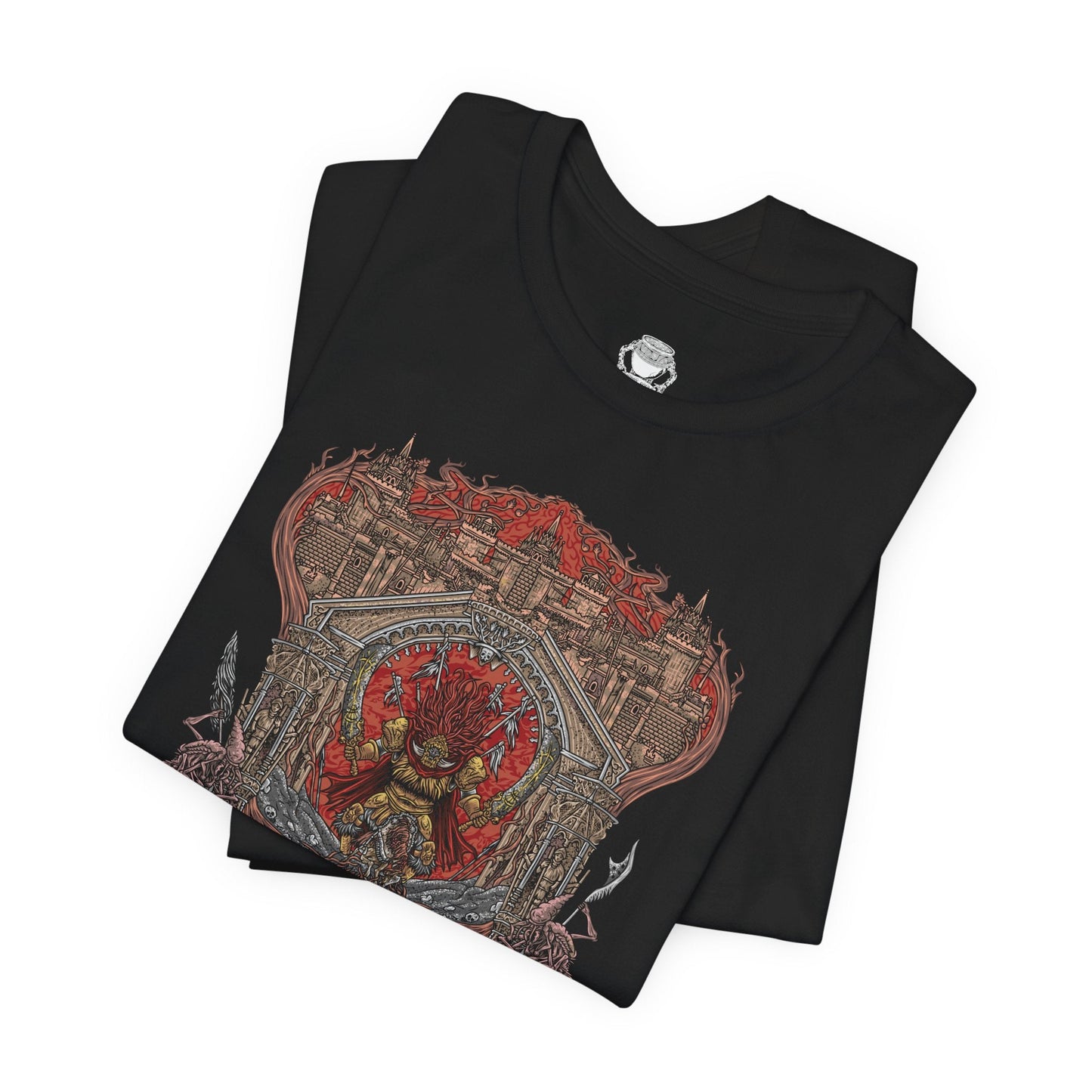 Folded T-shirt design of the Battle of Caelid from Elden Ring, capturing Starscourge Radahn clashing with Malenia, Blade of Miquella amid a crimson wasteland consumed by scarlet rot. Radahn looses gravitational arrows from atop his warhorse while Malenia unleashes her deadly sword dance, rot blossoms erupting across shattered ground beneath a blood-red sky.