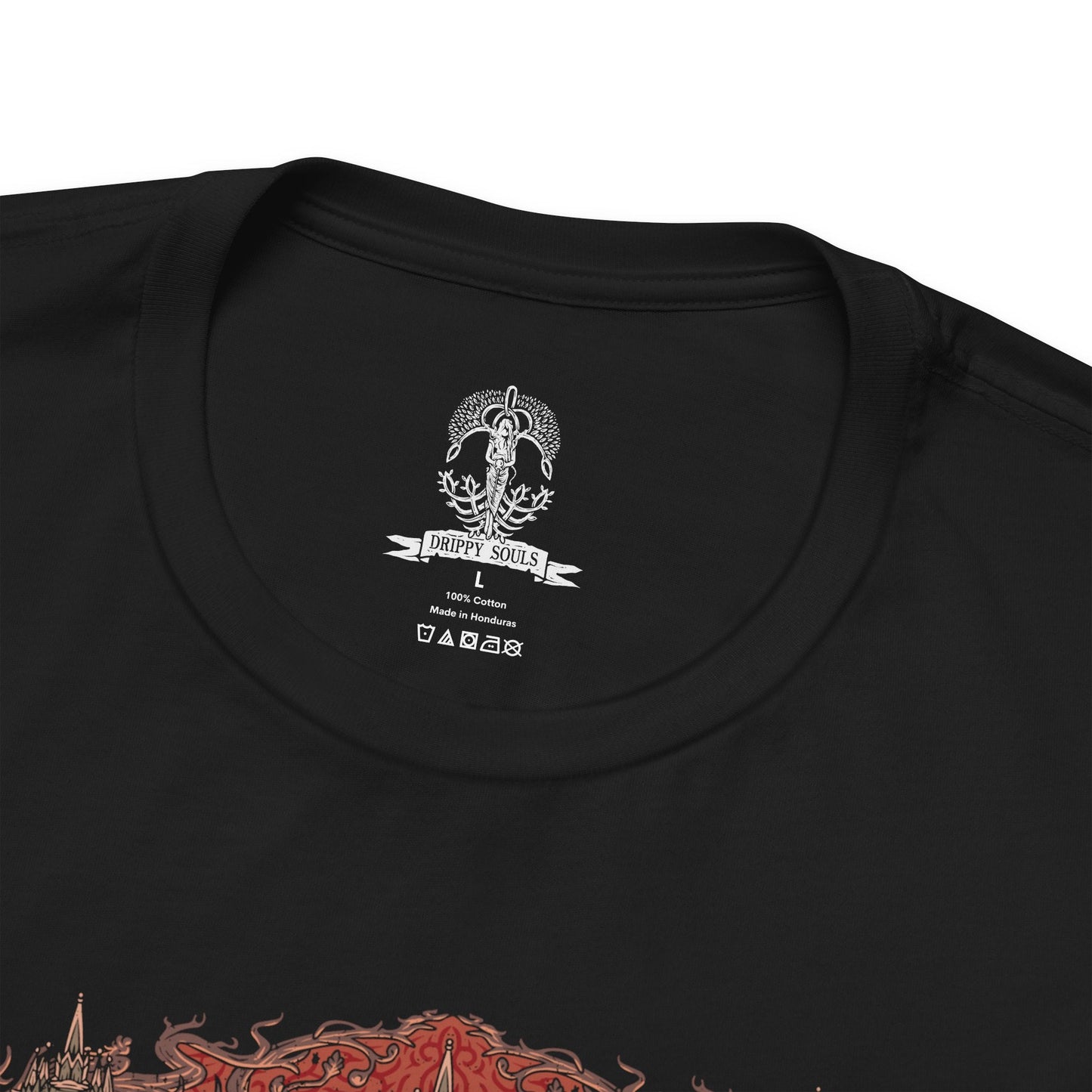 Folded T-shirt design of the Battle of Caelid from Elden Ring, capturing Starscourge Radahn clashing with Malenia, Blade of Miquella amid a crimson wasteland consumed by scarlet rot. Radahn looses gravitational arrows from atop his warhorse while Malenia unleashes her deadly sword dance, rot blossoms erupting across shattered ground beneath a blood-red sky.