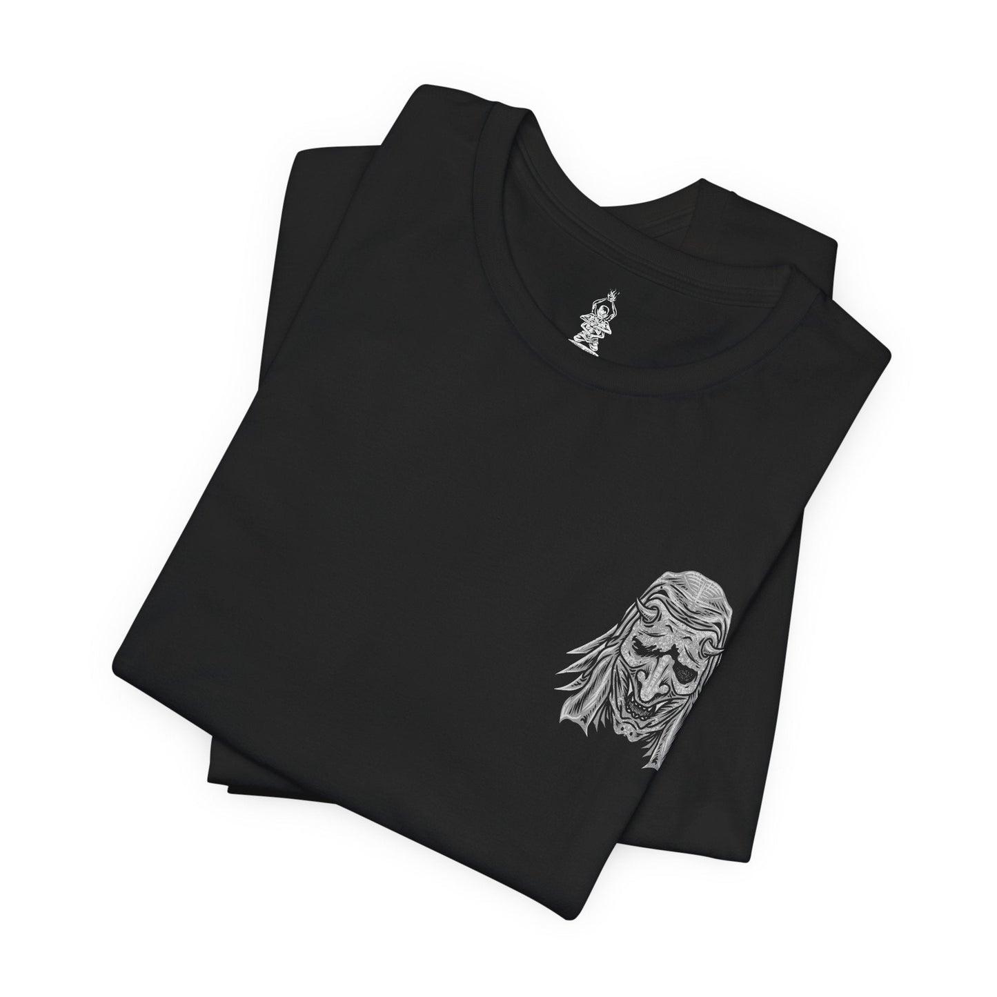 Folded T-shirt artwork depicting the Corrupted Monk’s spectral form torn open to reveal the centipede controlling her corpse. Rotting armor, broken prayer beads, and drifting incense surround the scene as the parasite coils through bone and sinew. This design reflects the blasphemous pursuit of immortality, the corruption of sacred vows, and the nightmarish consequences of defying death in Sekiro’s mythos.