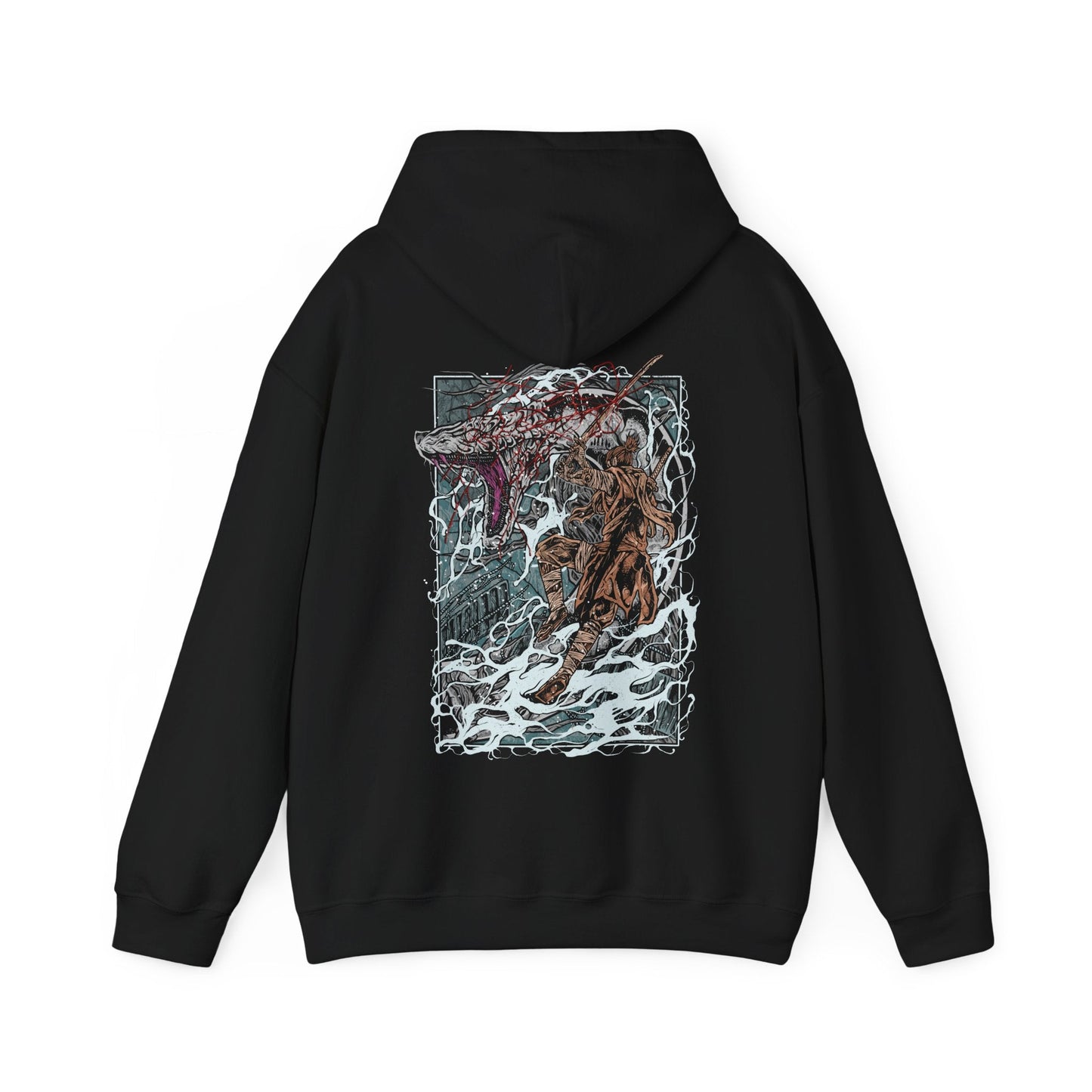 Image 4 of a Sekiro T-shirt featuring the Great Serpent, an enormous divine creature said to embody the mountains themselves. With its white, weathered scales and piercing gaze, it stalks the player through narrow paths and high peaks. This design honors the thrilling cat-and-mouse chase with one of the game’s most breathtaking beasts.