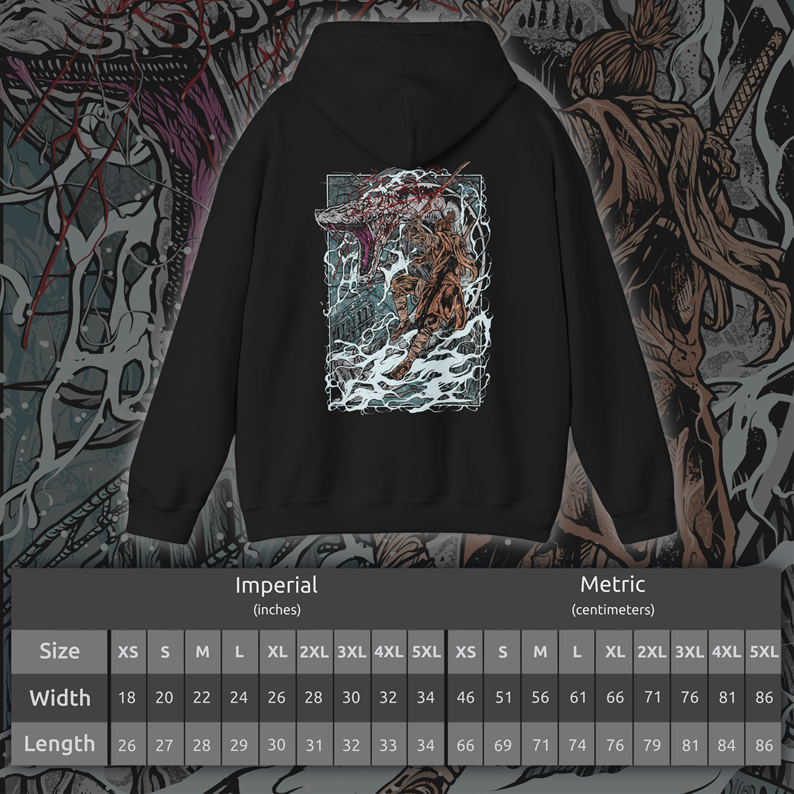 Size chart of a Sekiro T-shirt featuring the Great Serpent, an enormous divine creature said to embody the mountains themselves. With its white, weathered scales and piercing gaze, it stalks the player through narrow paths and high peaks. This design honors the thrilling cat-and-mouse chase with one of the game’s most breathtaking beasts.