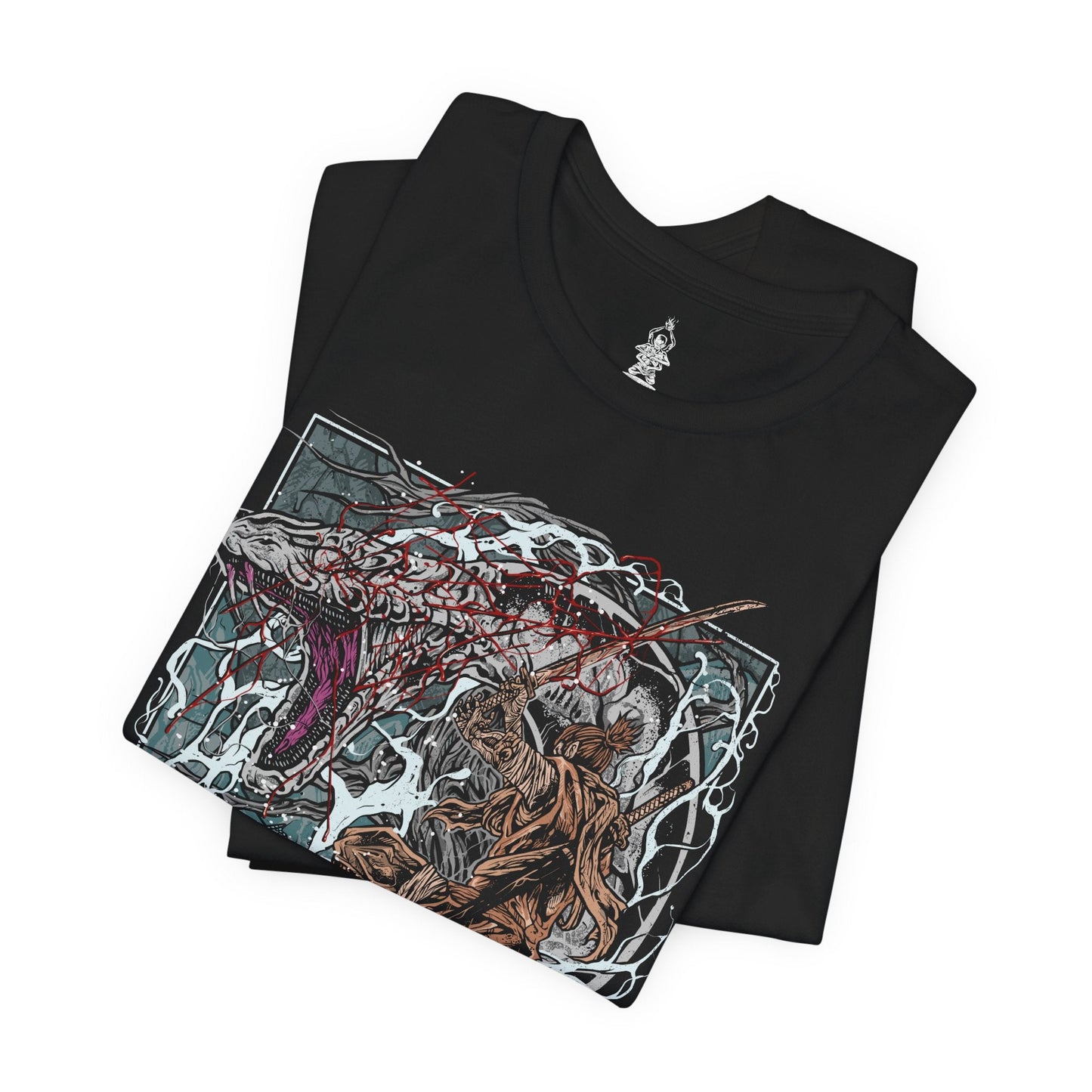 Folded T-shirt featuring the Great Serpent from Sekiro: Shadows Die Twice, the colossal white-scaled guardian of the Sunken Valley. Towering over cliffs and treacherous bridges, this legendary beast strikes with lightning speed, its eyes burning with ancient malice. This design captures the tension and awe of one of Sekiro’s most iconic encounters.