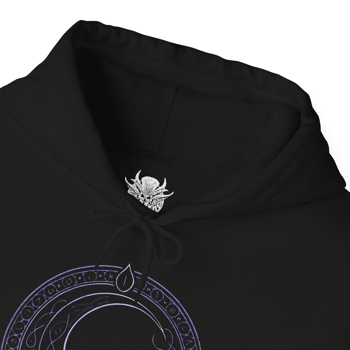 Folded Hooded Sweatshirt of Shadowheart and Shar intertwined through shadow magic, with shattered memories and moonlit symbols drifting through the darkness. Shar’s cold, divine presence towers over her chosen cleric, representing control, faith, and erasure. The composition emphasizes the tragic bond between mortal and god, capturing the themes of devotion, manipulation, and identity central to Baldur’s Gate 3.