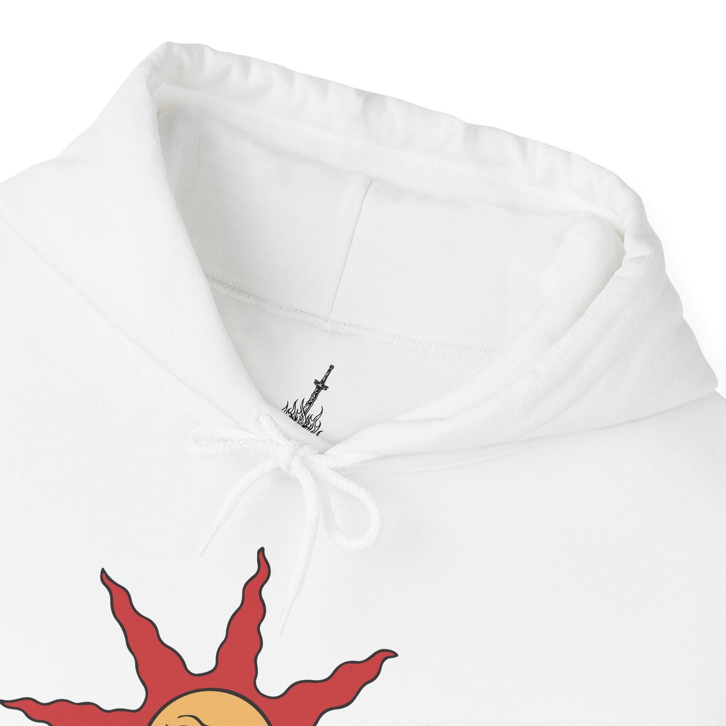Folded Hooded Sweatshirt featuring Solaire of Astora from Dark Souls with his iconic Praise the Sun pose, capturing his hopeful spirit and dedication to the sunlight, perfect for fans who celebrate the optimism and camaraderie of this beloved warrior.