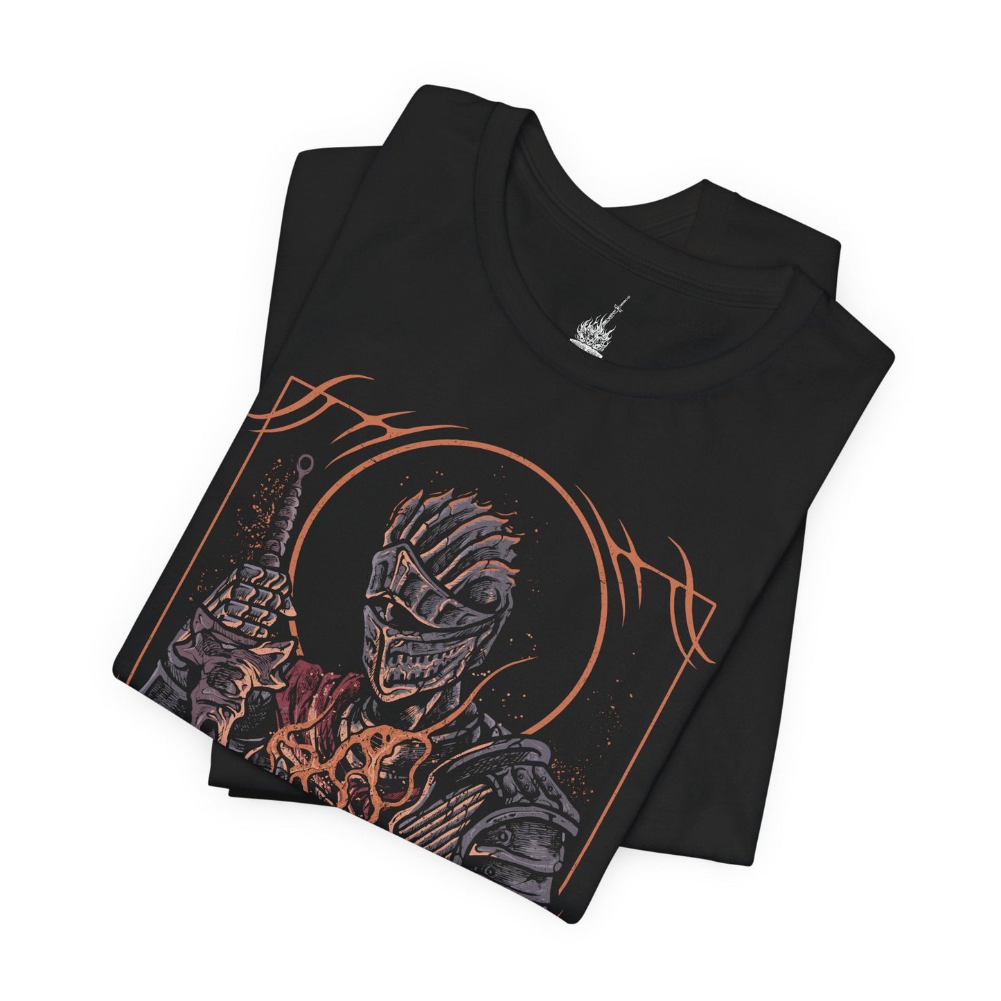 Folded T-shirt design of the Soul of Cinder from Dark Souls III, standing amid the Kiln of the First Flame as ash swirls through a dying sky. Its armor burns with embers while shifting stances reflect the countless Lords of Cinder who linked the fire before. The design captures the culmination of the Age of Fire, embodying every warrior who sacrificed themselves to prolong a fading world.