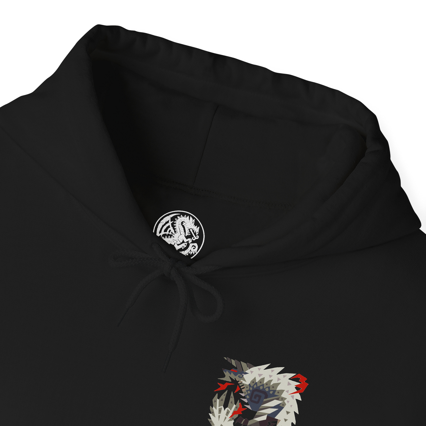 Folded Hooded Sweatshirt illustration of Stygian Zinogre charging through a shattered landscape, crimson Dragon Element exploding around its claws as its powerful body tears across the battlefield. Red energy trails behind its movements while Dracophage Bugs spiral through the air. The composition emphasizes primal strength, relentless aggression, and the dark, intimidating presence of this iconic variant of Zinogre.