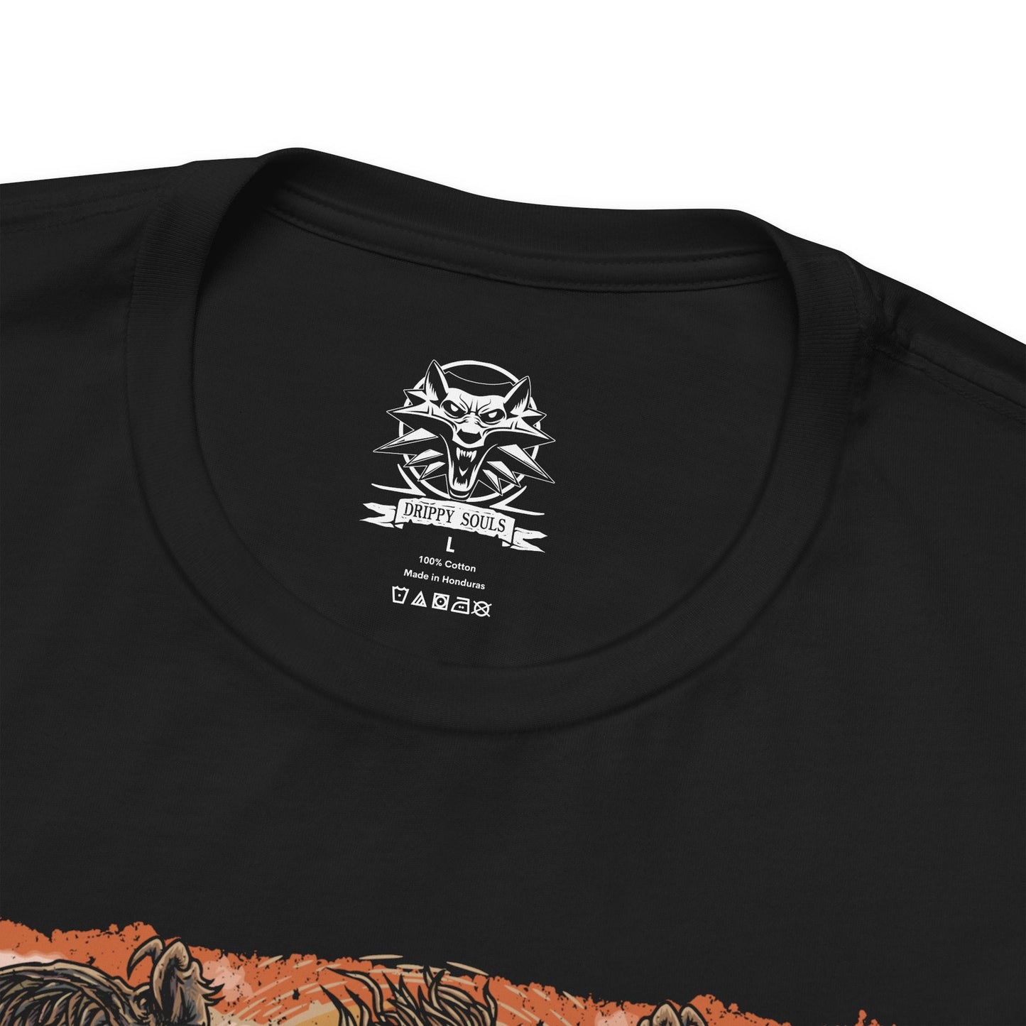 Folded T-shirt design of the Beast of White Orchard from The Witcher 3, the fearsome griffin terrorizing the war-torn countryside under Nilfgaardian occupation. With torn wings spread wide and talons sunk into blood-soaked ground, the monster looms over abandoned fields and broken banners. The design reflects the chaos of war, the suffering of civilians, and Geralt’s first contract amid Nilfgaard’s advancing shadow.