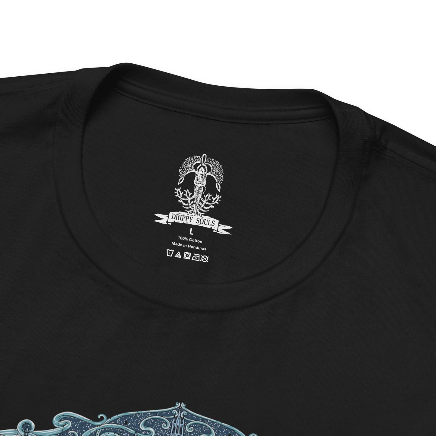 Folded T-shirt design of Raya Lucaria Academy beneath a star-filled sky, featuring Ranni the Witch observing from the shadows while Queen Rennala presides over her lunar throne. Astel, Naturalborn of the Void, coils within the cosmos above, its alien form glowing with voidlight. The design captures celestial sorcery, shattered royalty, and the terrifying mysteries hidden beneath the academy’s pursuit of the stars.