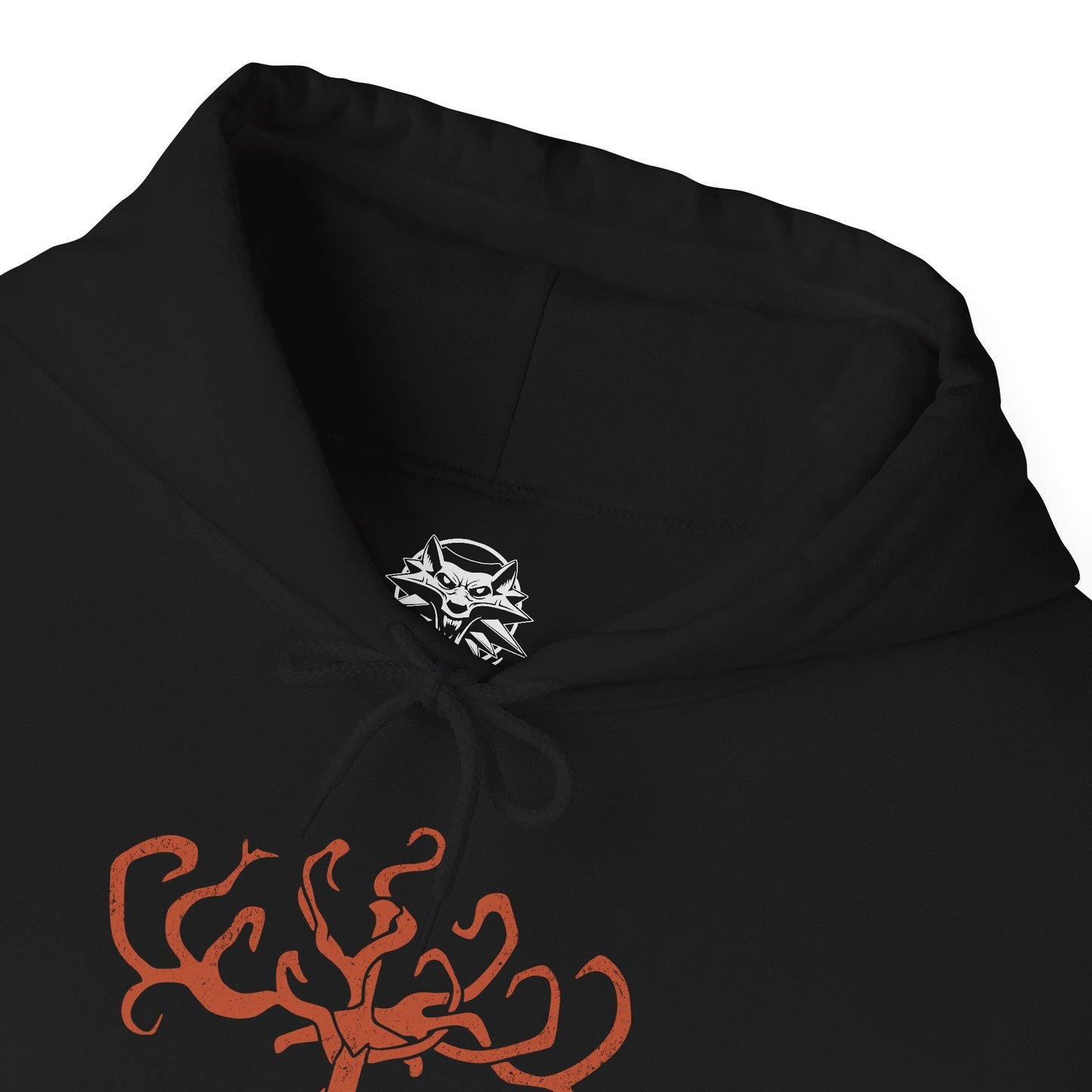 Folded Hooded Sweatshirt of the Crones of Crookback Bog standing amid dead trees and hanging talismans, their monstrous silhouettes fused with the swamp itself. Known as the Ladies of the Wood, they prey upon fear and desperation, binding children and villagers to cruel bargains. The design conveys their dominance over Velen and the suffocating corruption of the bog.