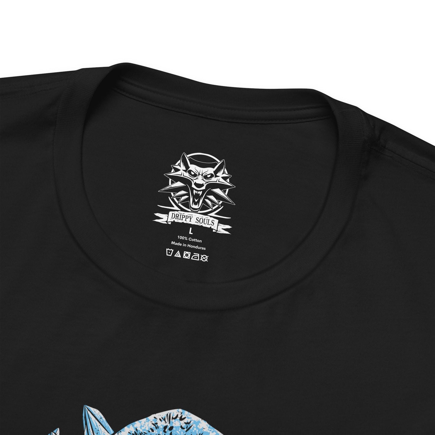 Folded T-shirt design of the Wild Hunt from The Witcher 3, featuring Eredin Bréacc Glas, Imlerith, and Caranthir Ar-Feiniel advancing through a frozen battlefield. Clad in spectral armor and surrounded by swirling frost and ash, the elven riders embody the apocalyptic force seeking to enslave worlds. The design captures their relentless pursuit of Ciri and the icy terror of the Aen Elle invasion.