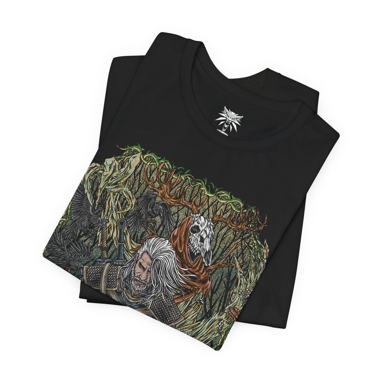 Folded T-shirt design of a Leshen from The Witcher 3: Wild Hunt, towering within a dark, ancient forest as twisted branches and roots coil around its skeletal form. Antlers crown its wooden skull, glowing runes carved into bark and bone as ravens circle above. The design captures the primal terror of a forest spirit bound to old magic, vengeance, and nature’s wrath.