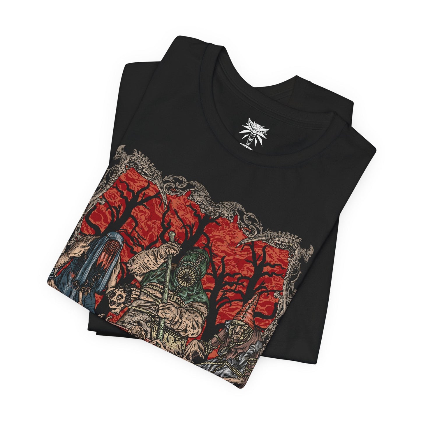 Folded T-shirt design of the Crones of Crookback Bog from The Witcher 3: Wild Hunt, the twisted trio known as the Ladies of the Wood. Their grotesque forms emerge from tangled roots, bones, and rotting flesh as they whisper false promises to the villagers of Velen. The design captures their nightmarish appearance, ancient cruelty, and the suffocating dread of the swamp they rule.