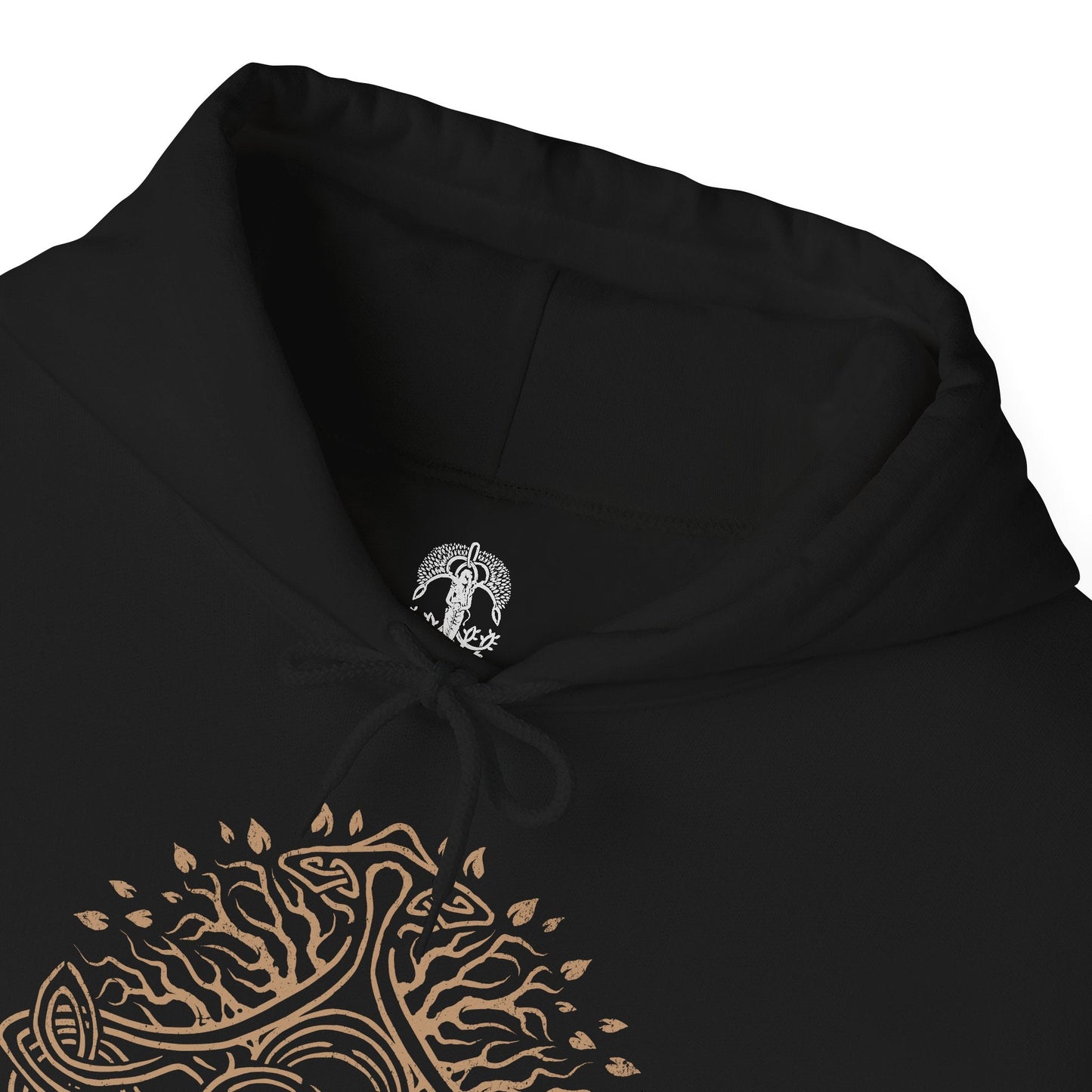 Folded Hooded Sweatshirt illustration of the Tree Sentinel standing vigilant on a sunlit battlefield, ornate armor glowing with divine power. The Erdtree looms in the distance as his weapon crackles with sacred energy. The composition emphasizes divine authority, relentless protection, and the unyielding will of those who serve the Golden Order.