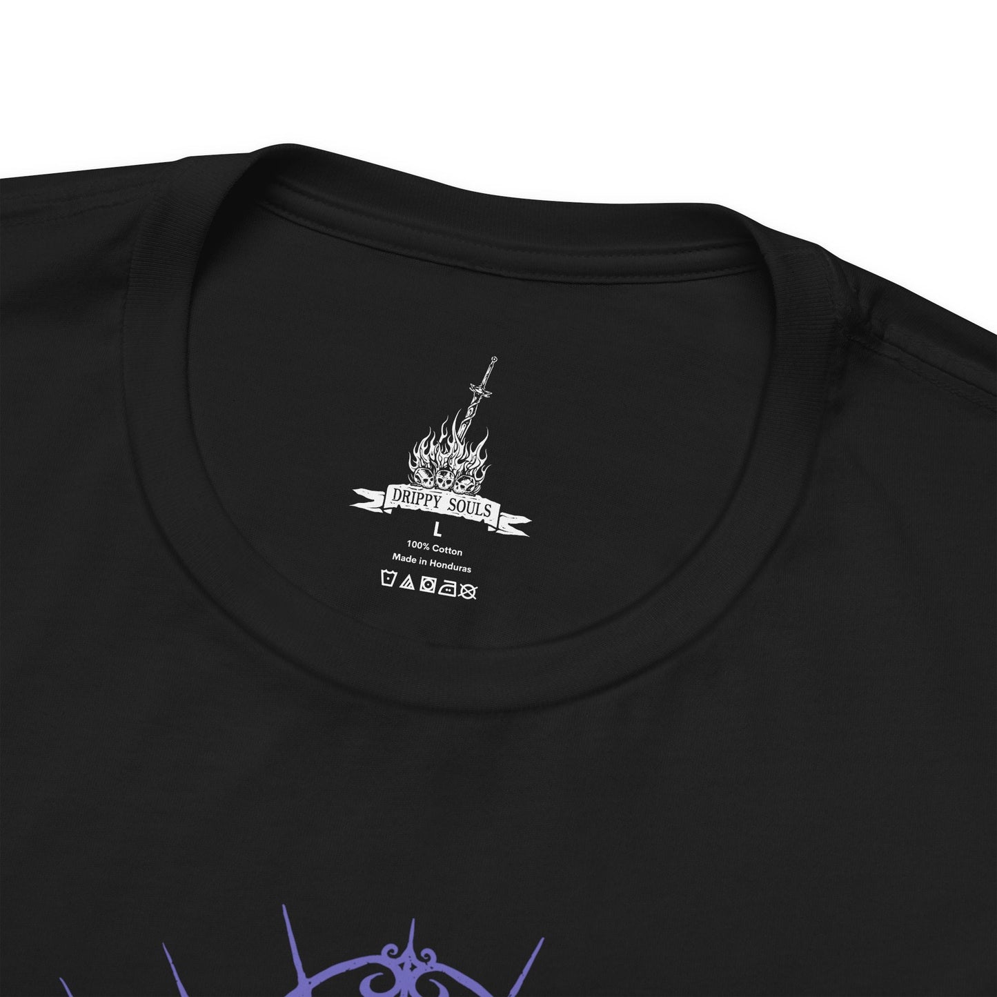 Folded T-Shirt design of Prince Lorian and Prince Lothric from Dark Souls III, standing together within the ruined halls of Lothric Castle as flames and darkness surround the brothers. Lorian grips his massive greatsword while Lothric channels powerful golden sorcery from behind him. The design captures their inseparable bond, tragic fate, and the curse that bound the elder prince to his younger brother.