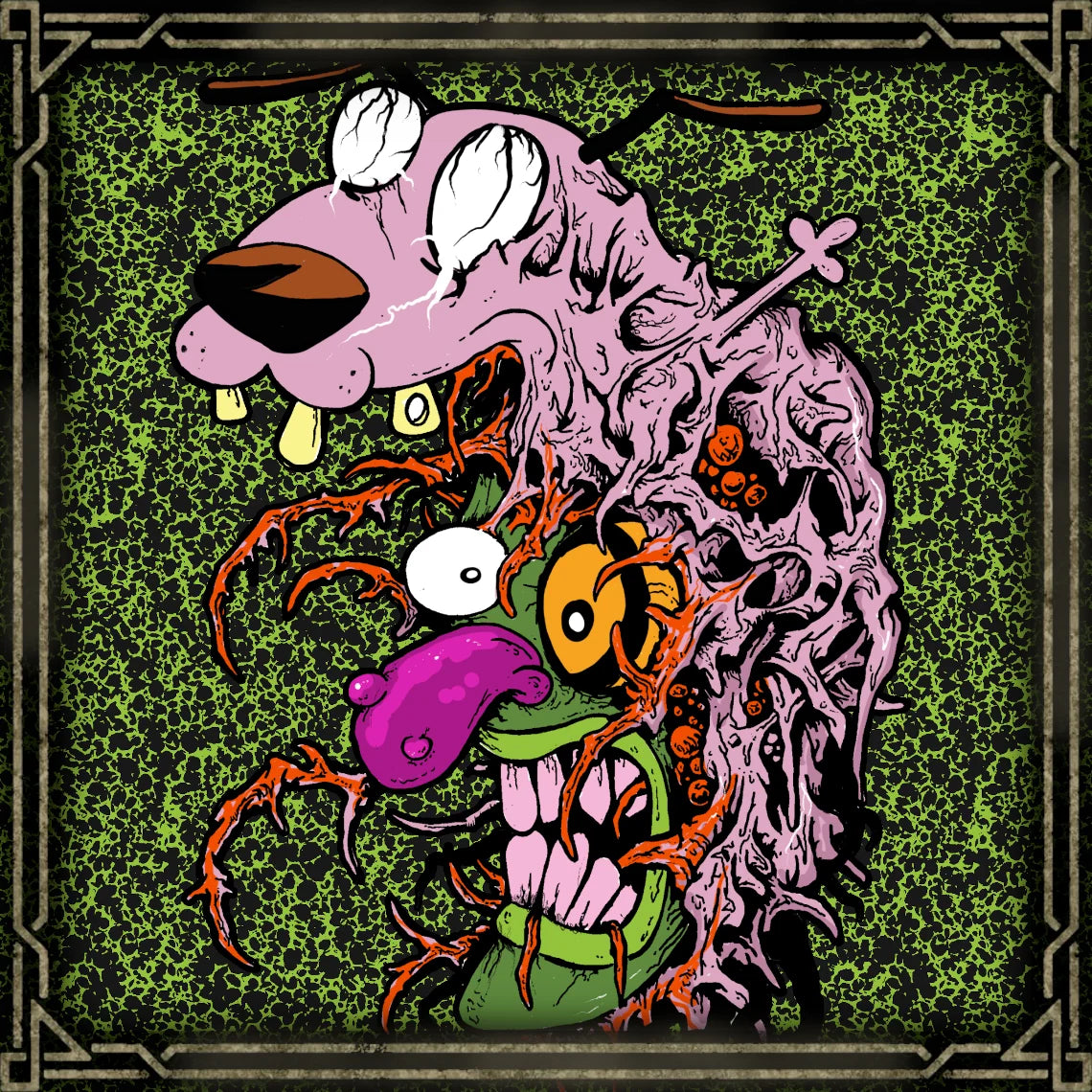 Artwork of Courage Eustace Mask. Eustace Bagge is the grumpy farmer from Courage the Cowardly Dog, living with his wife Muriel and the anxious pink dog Courage in the middle of Nowhere.