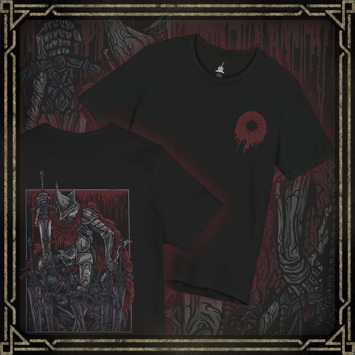 Thumbnail of a T-shirt showcasing the Abyss Watchers from Dark Souls 3, the tragic leaders of Farron’s Undead Legion. With their signature greatswords and blood-stained cloaks, they are forever locked in battle—even against one another—as they attempt to halt the Abyss’s spread. Their coordinated yet cursed movements reflect a shared soul torn apart by unending conflict and fading purpose.