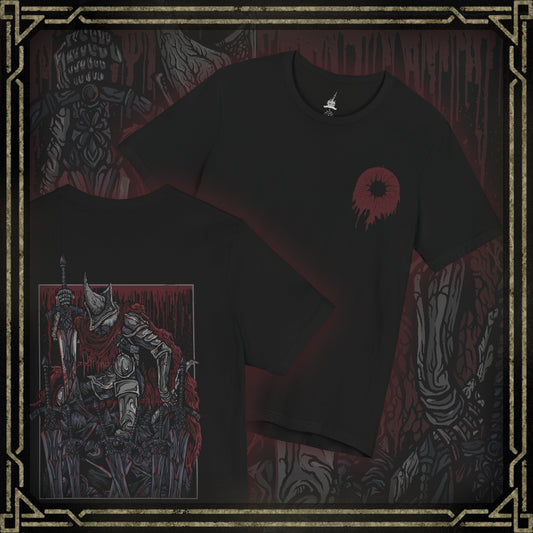 Thumbnail of a T-shirt showcasing the Abyss Watchers from Dark Souls 3, the tragic leaders of Farron’s Undead Legion. With their signature greatswords and blood-stained cloaks, they are forever locked in battle—even against one another—as they attempt to halt the Abyss’s spread. Their coordinated yet cursed movements reflect a shared soul torn apart by unending conflict and fading purpose.