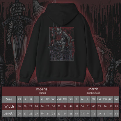Size chart of a Hooded Sweatshirt showcasing the Abyss Watchers from Dark Souls 3, the tragic leaders of Farron’s Undead Legion. With their signature greatswords and blood-stained cloaks, they are forever locked in battle—even against one another—as they attempt to halt the Abyss’s spread. Their coordinated yet cursed movements reflect a shared soul torn apart by unending conflict and fading purpose.