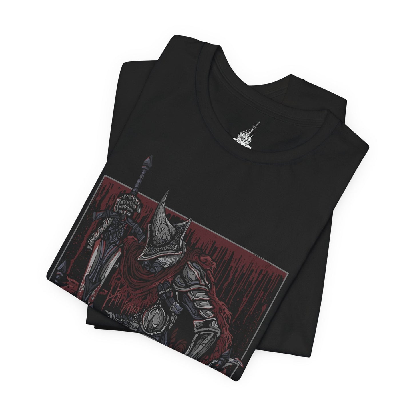 Image 5 of a T-shirt featuring the Abyss Watchers from Dark Souls 3, the fierce undead legion sworn to contain the Abyss at any cost. Clad in worn cloaks and iron helms, these warriors share one soul and one relentless purpose—endless war against darkness. Their ritualistic duels and frenzied infighting embody their cursed duty and the inevitable toll of their sacrifice.