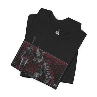 Image 5 of a T-shirt featuring the Abyss Watchers from Dark Souls 3, the fierce undead legion sworn to contain the Abyss at any cost. Clad in worn cloaks and iron helms, these warriors share one soul and one relentless purpose—endless war against darkness. Their ritualistic duels and frenzied infighting embody their cursed duty and the inevitable toll of their sacrifice.