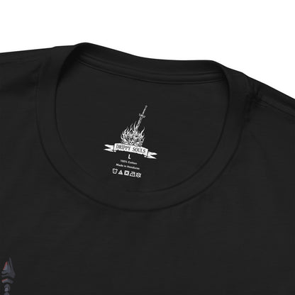 Folded T-shirt featuring the Abyss Watchers from Dark Souls 3, the fierce undead legion sworn to contain the Abyss at any cost. Clad in worn cloaks and iron helms, these warriors share one soul and one relentless purpose—endless war against darkness. Their ritualistic duels and frenzied infighting embody their cursed duty and the inevitable toll of their sacrifice.