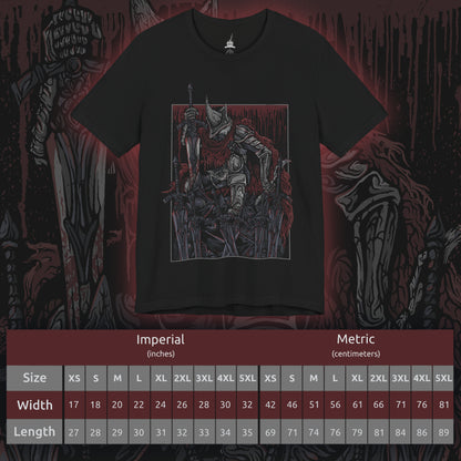 Size chart of a T-shirt featuring the Abyss Watchers from Dark Souls 3, the fierce undead legion sworn to contain the Abyss at any cost. Clad in worn cloaks and iron helms, these warriors share one soul and one relentless purpose—endless war against darkness. Their ritualistic duels and frenzied infighting embody their cursed duty and the inevitable toll of their sacrifice.